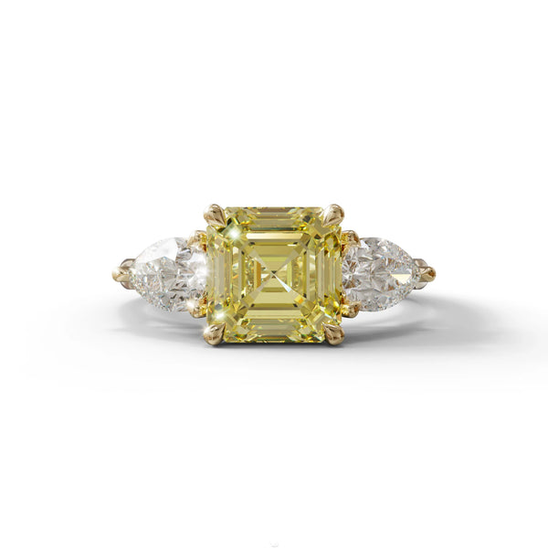 4 Carat Yellow Lab Grown Diamond Engagement Ring – Asscher Cut Three Stone