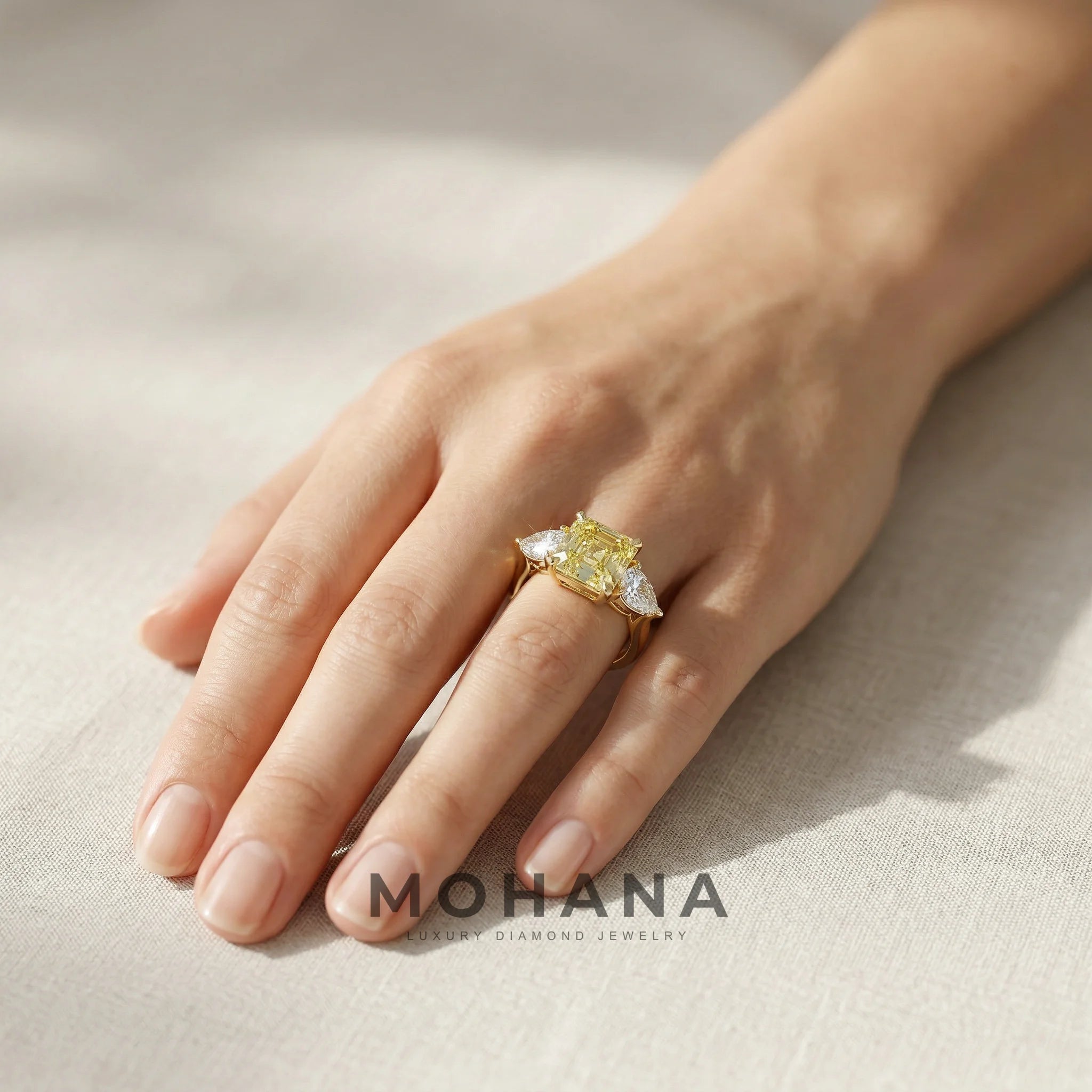 4 Carat Canary Yellow Asscher Cut Three Stone Lab Grown Diamond Engagement Ring