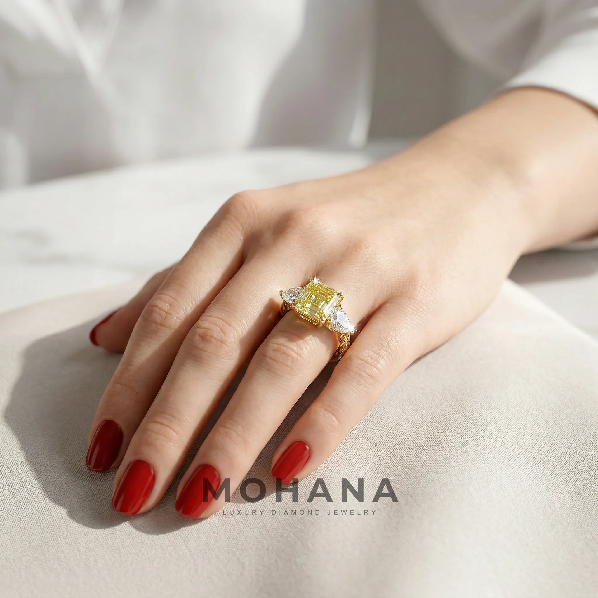 4 Carat Canary Yellow Asscher Cut Three Stone Lab Grown Diamond Engagement Ring