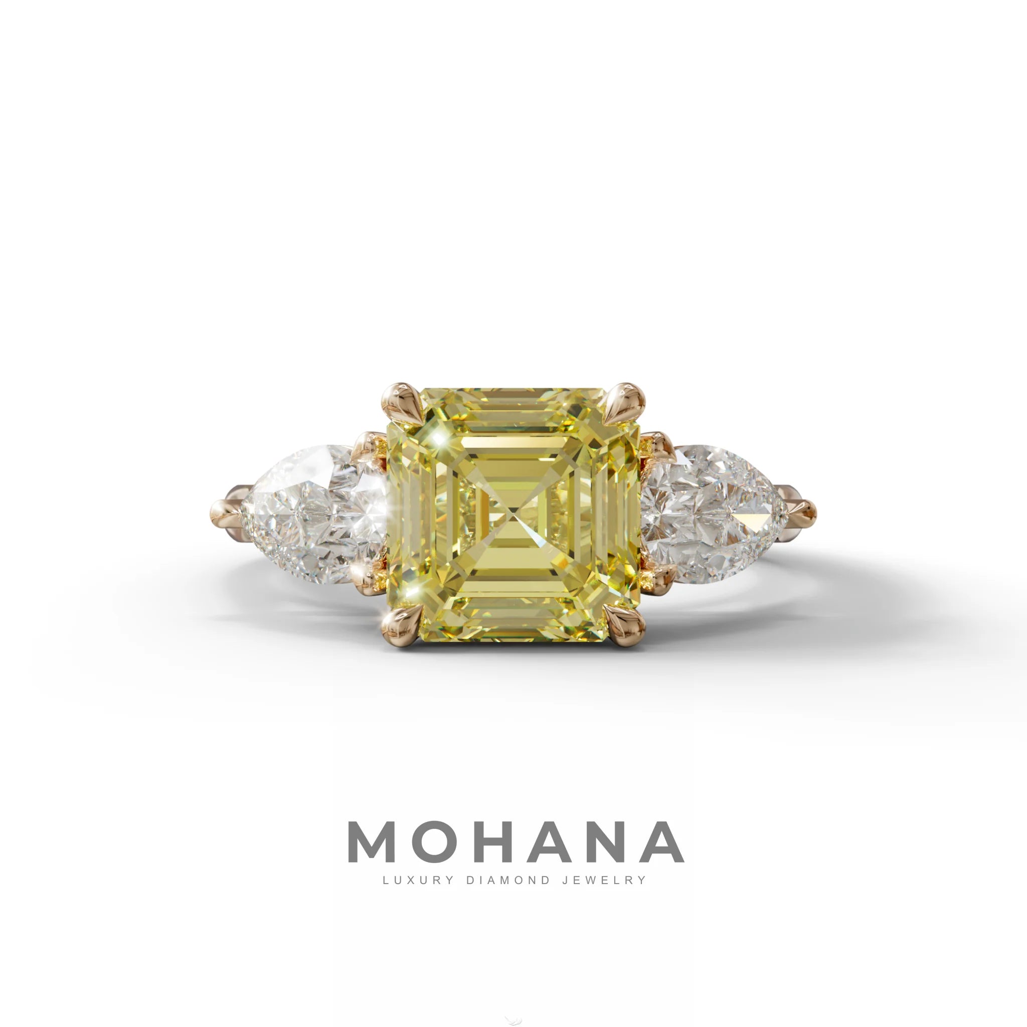 4 Carat Canary Yellow Asscher Cut Three Stone Lab Grown Diamond Engagement Ring - 10K Solid Gold / Rose Gold