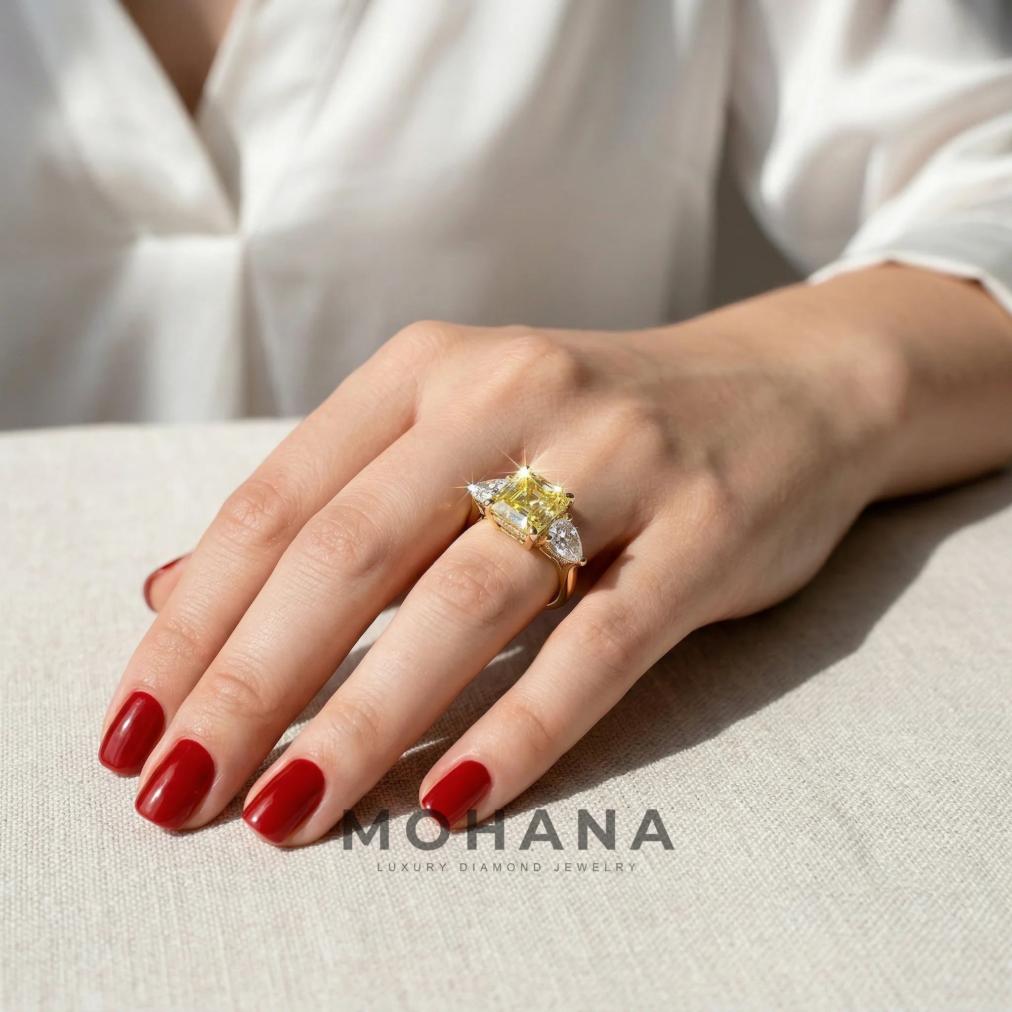 4 Carat Canary Yellow Asscher Cut Three Stone Lab Grown Diamond Engagement Ring