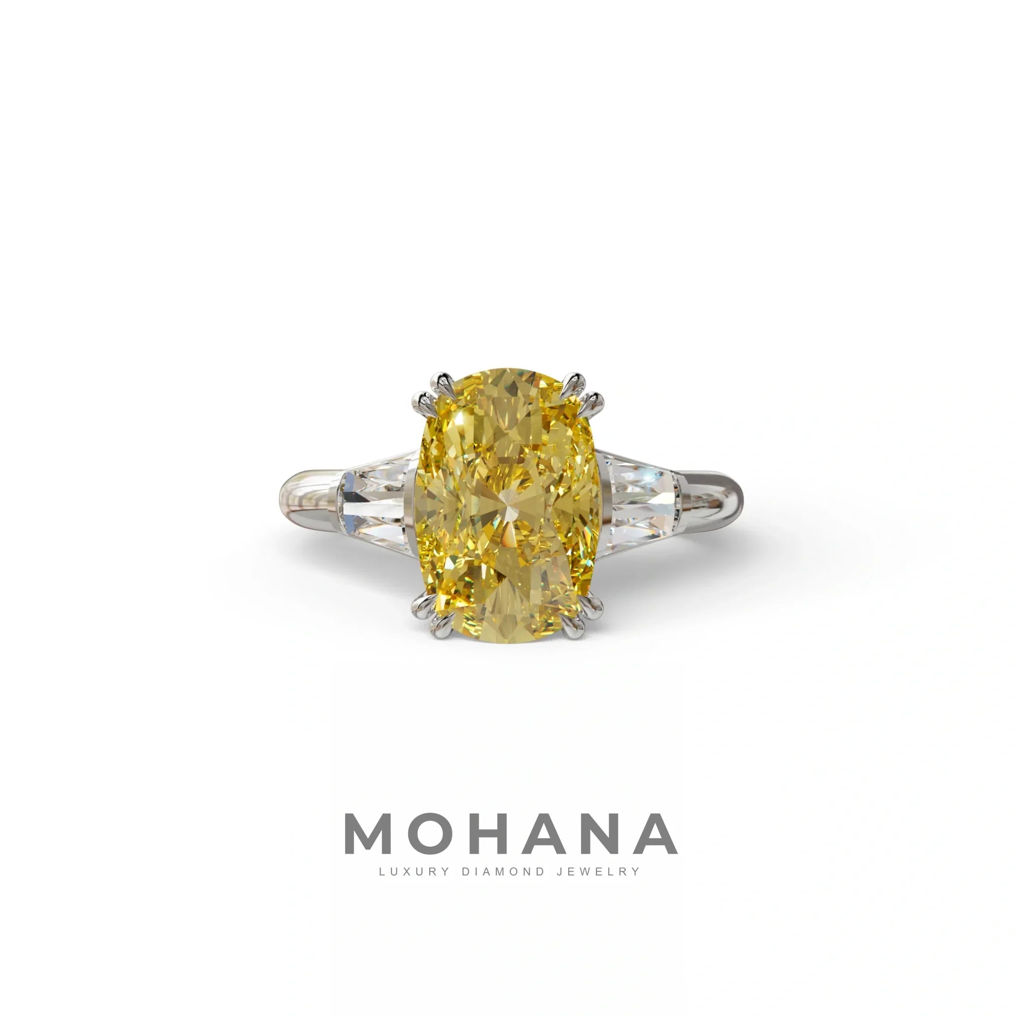 4 Carat Yellow Elongated Cushion Cut Lab Diamond Engagement Ring - Sagittarius - 10K Solid Gold / White Gold
