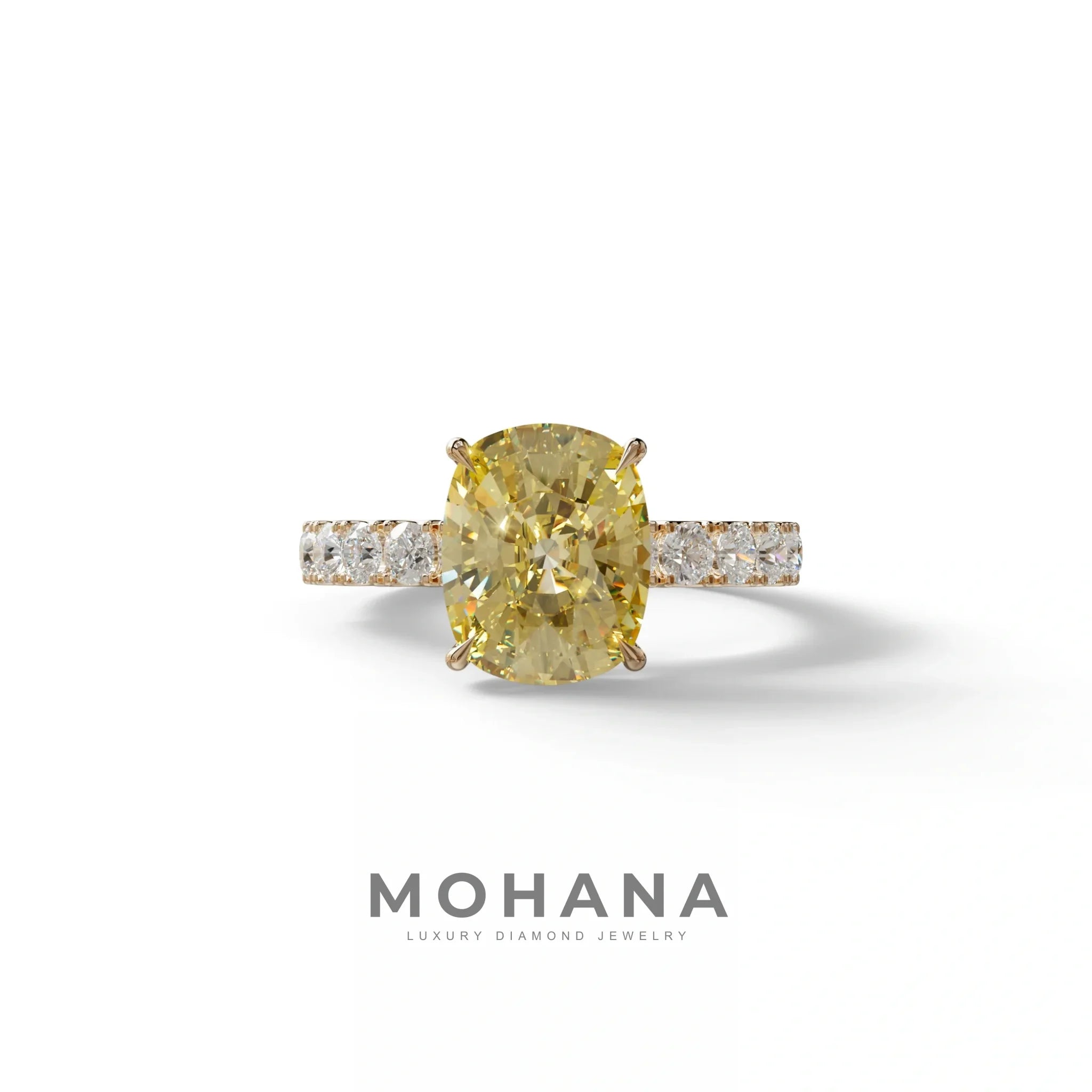 4 Carat Yellow Cushion Cut Hidden Halo Eternity Lab Diamond Engagement Ring - Sandrine - 10K Solid Gold / Rose Gold