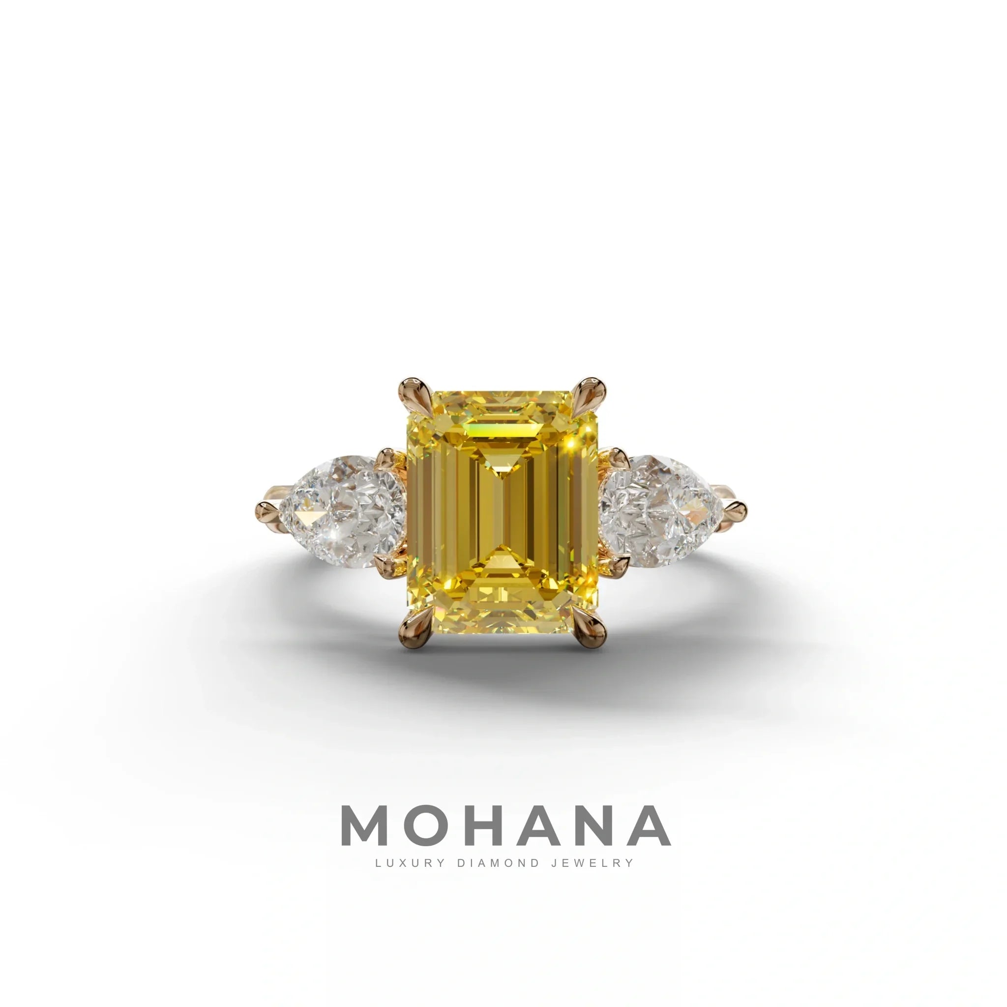 3 Carat Yellow Emerald Cut Lab Diamond In 3 Stones Claw Prongs Setting Ring - 10K Solid Gold / Rose Gold