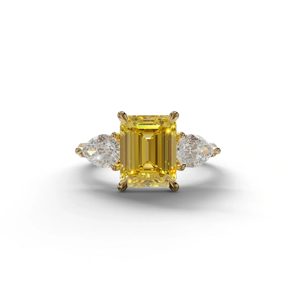 4 Carat Yellow Lab Grown Diamond Engagement Ring – Emerald Cut Three Stone