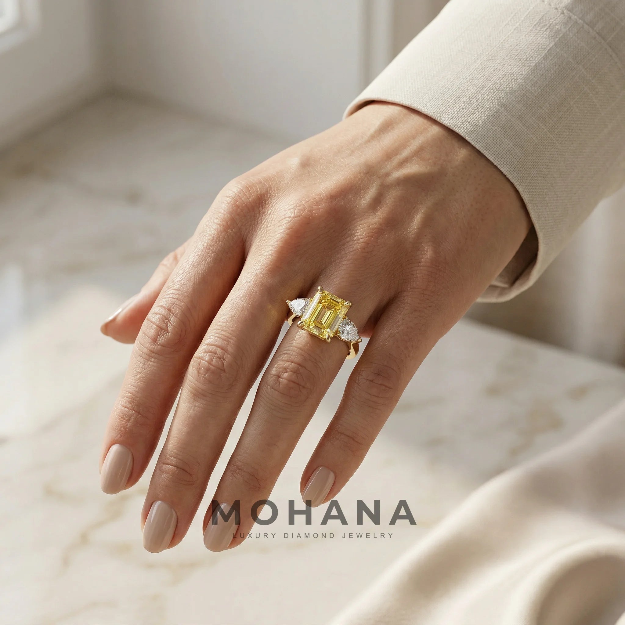 4 Carat Canary Yellow Emerald & Pear Cut Three Stone Lab Grown Diamond Engagement Ring