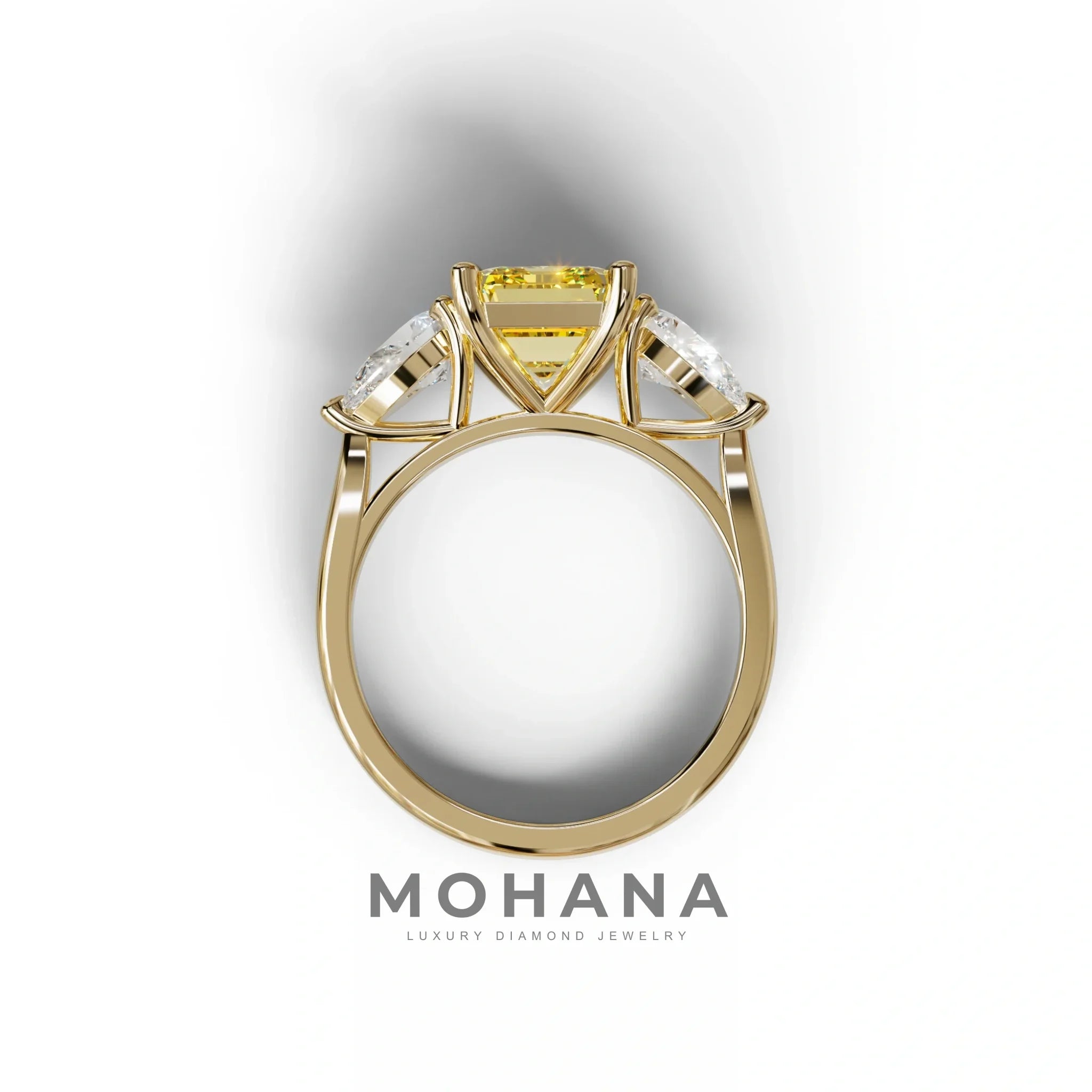 3 Carat Yellow Emerald Cut Lab Diamond In 3 Stones Claw Prongs Setting Ring