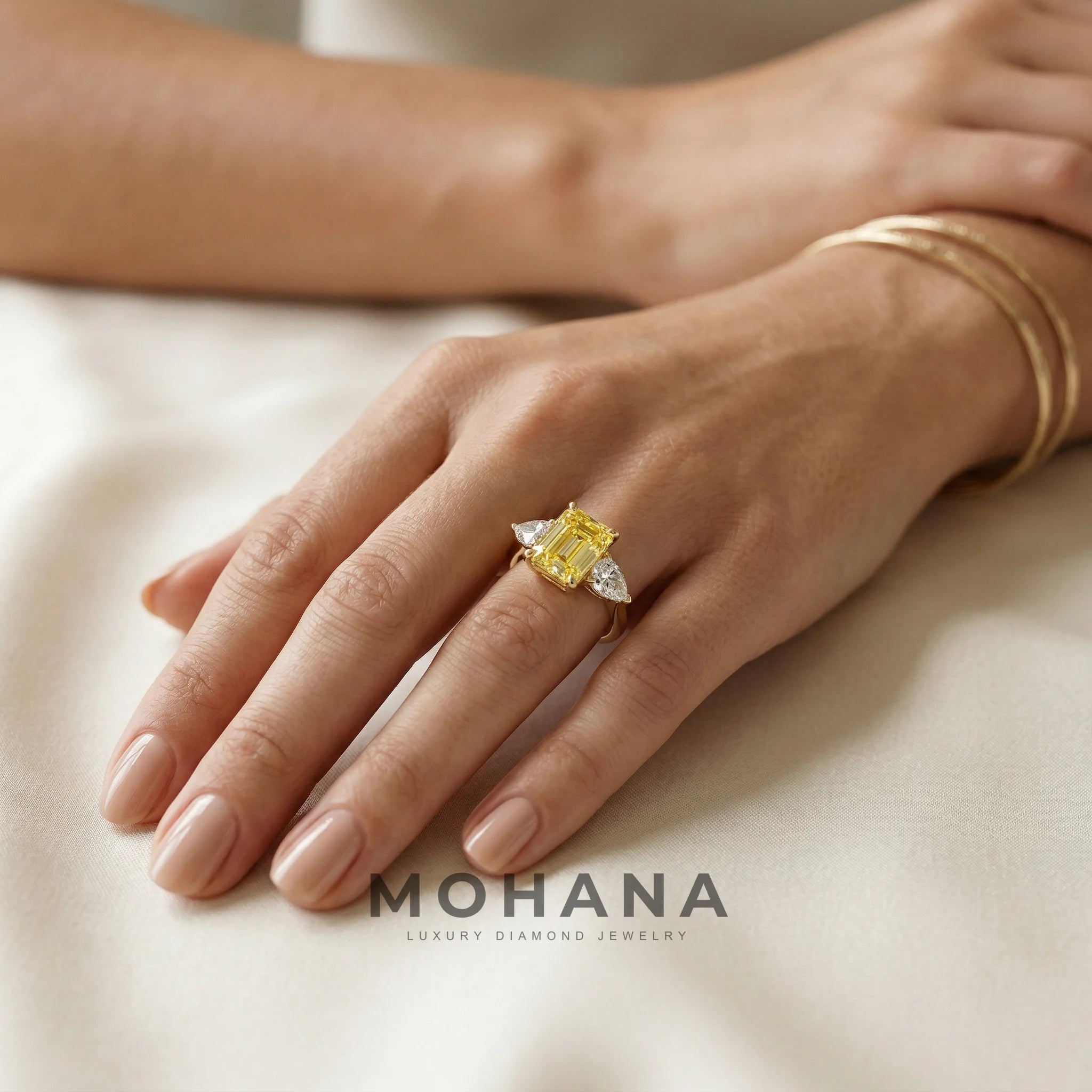 4 Carat Canary Yellow Emerald & Pear Cut Three Stone Lab Grown Diamond Engagement Ring