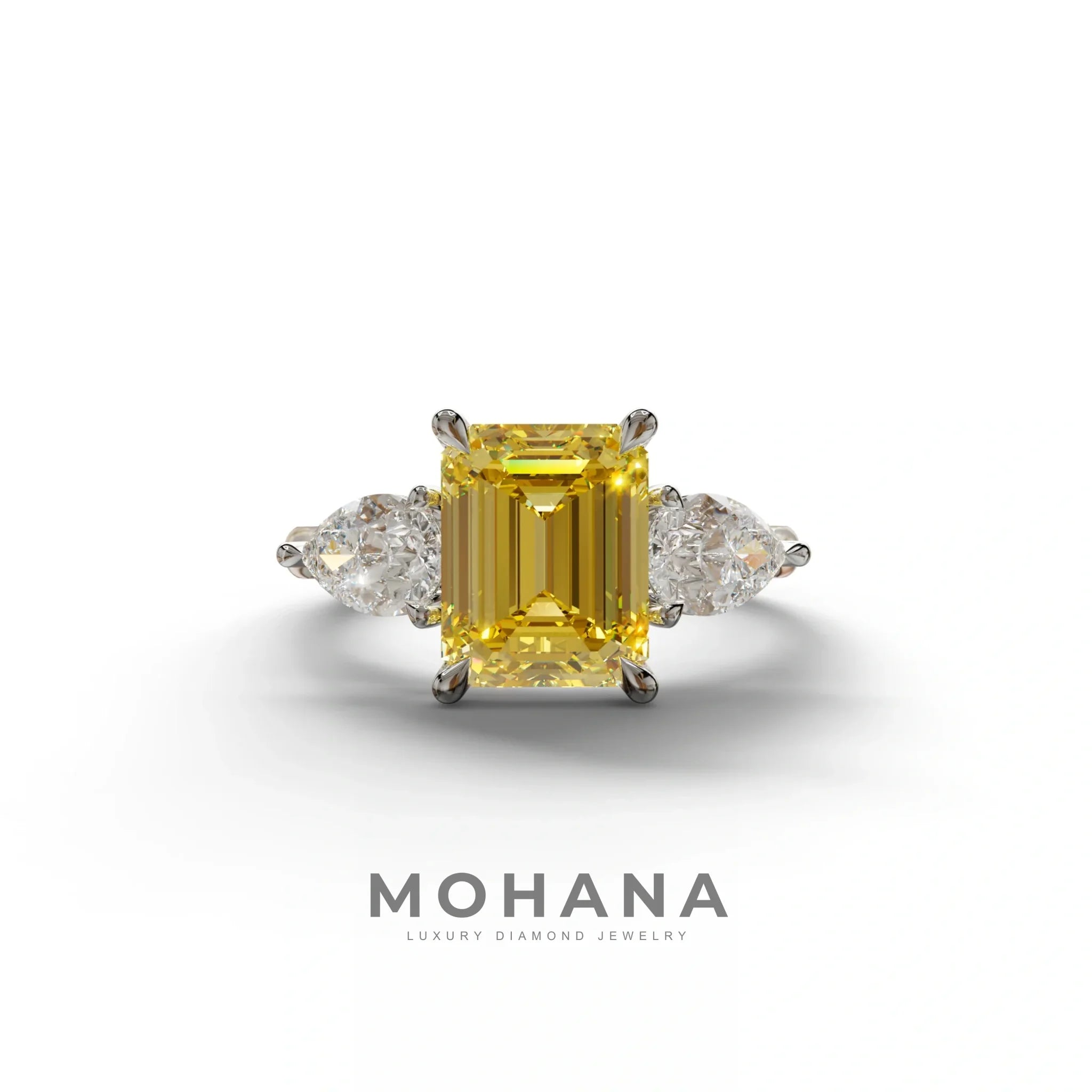 3 Carat Yellow Emerald Cut Lab Diamond In 3 Stones Claw Prongs Setting Ring - 10K Solid Gold / White Gold