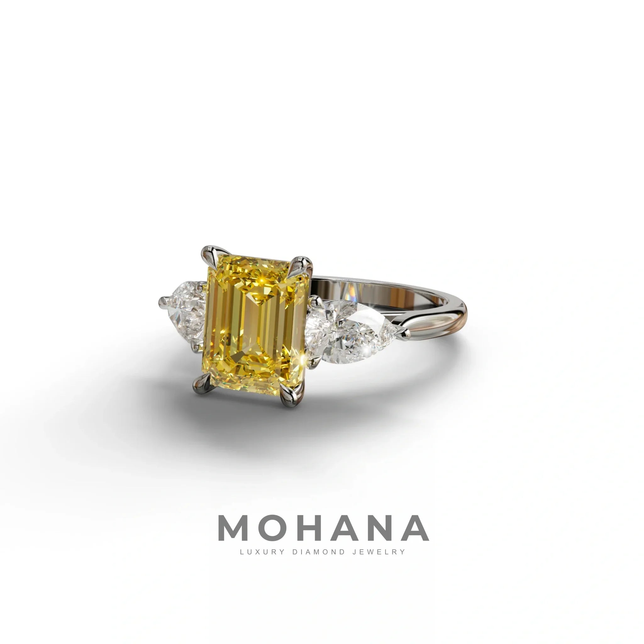 3 Carat Yellow Emerald Cut Lab Diamond In 3 Stones Claw Prongs Setting Ring