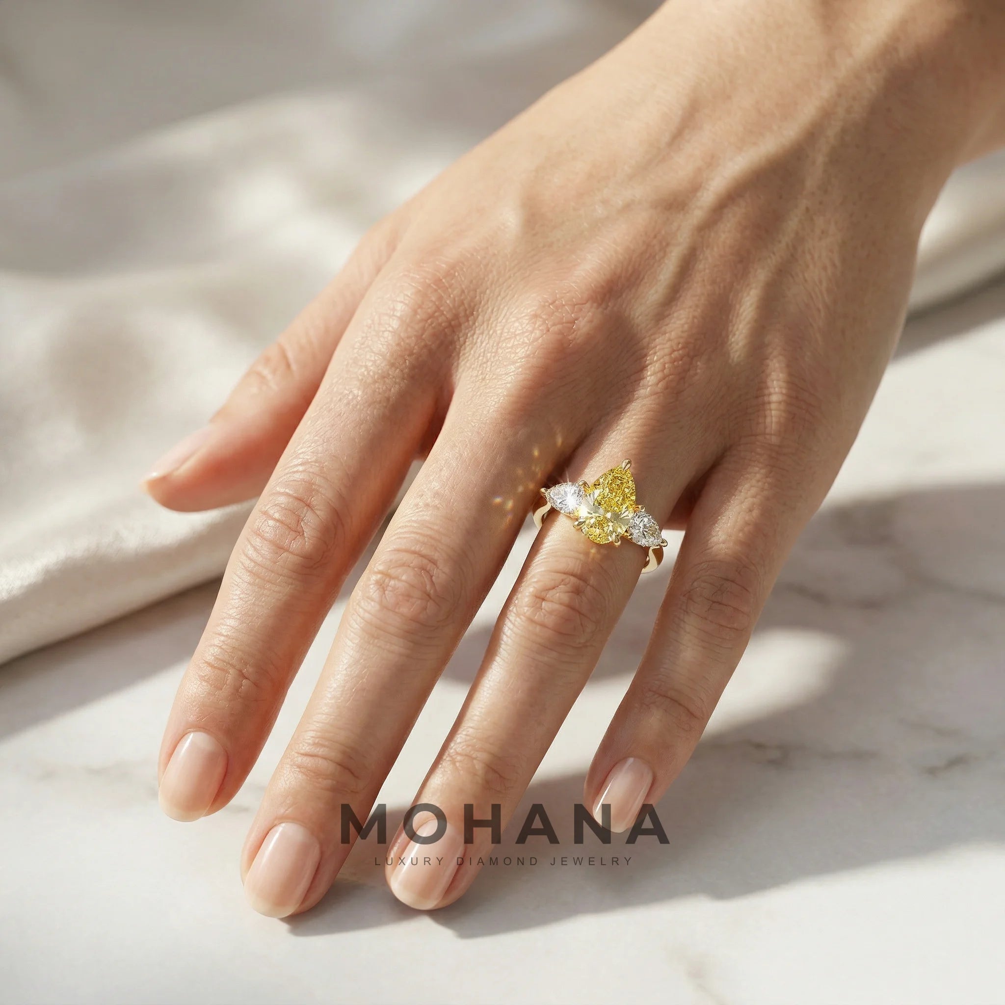4 Carat Canary Yellow Pear Cut Three Stone Lab Grown Diamond Engagement Ring