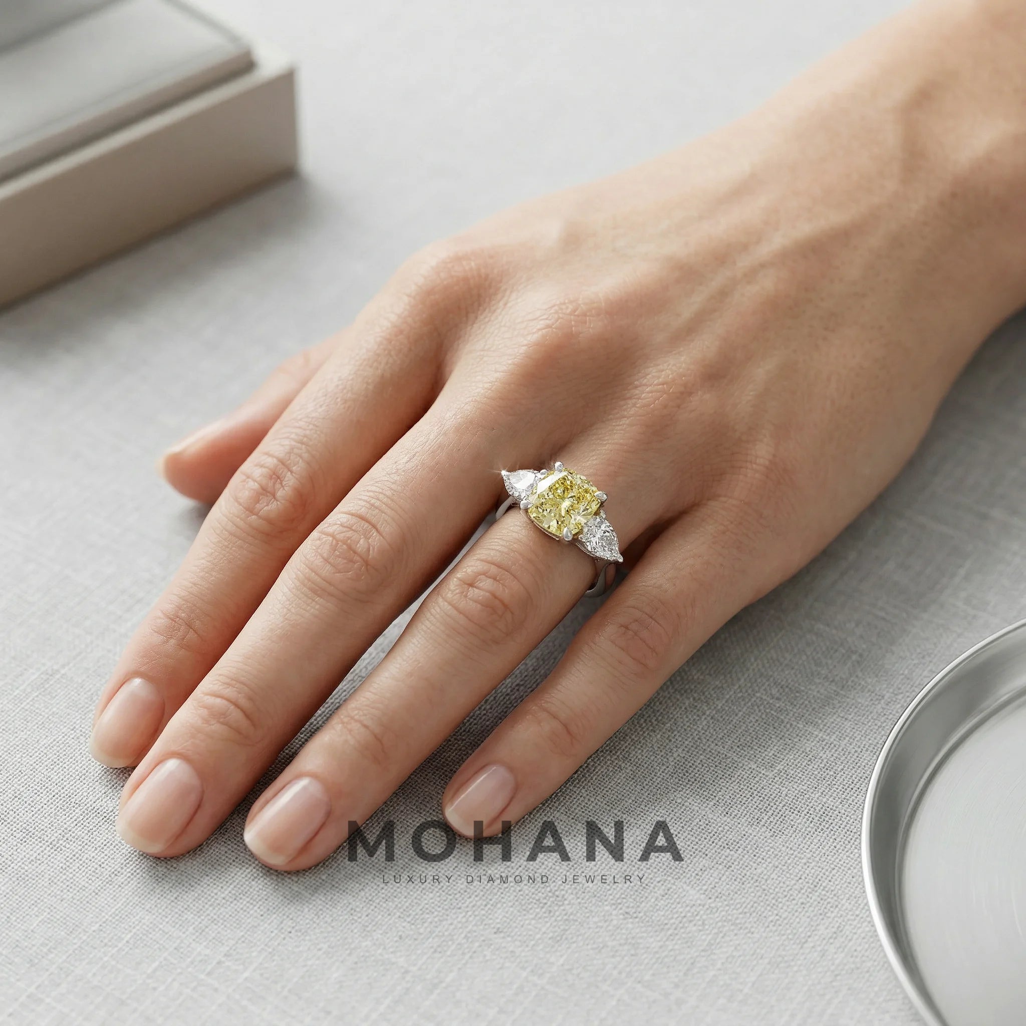 4 Carat Fancy Yellow Cushion & Pear Cut Three Stone Lab Grown Diamond Engagement Ring
