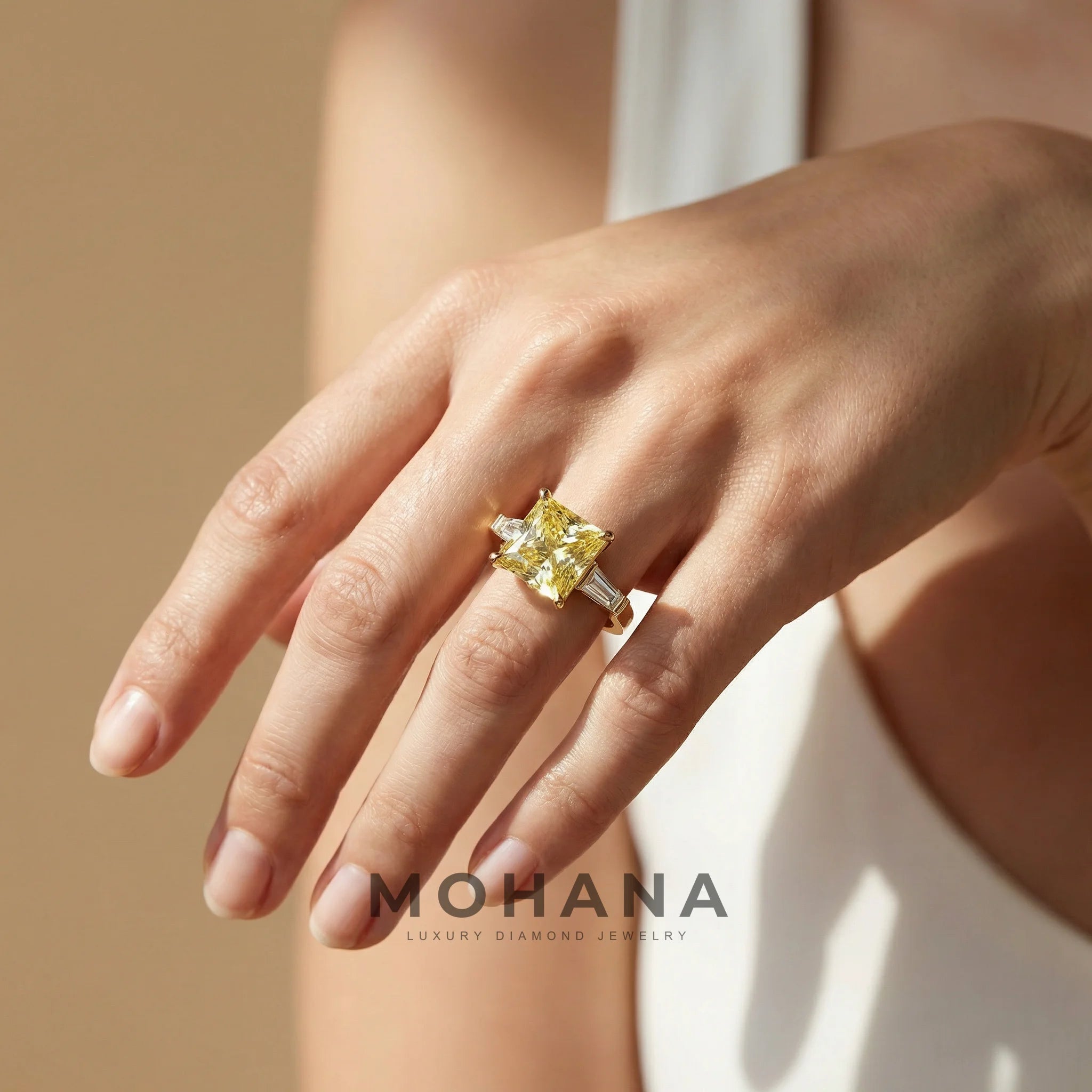 4ct Canary Yellow Princess & Tapered Baguette Three Stone Lab Diamond Ring - Alluring