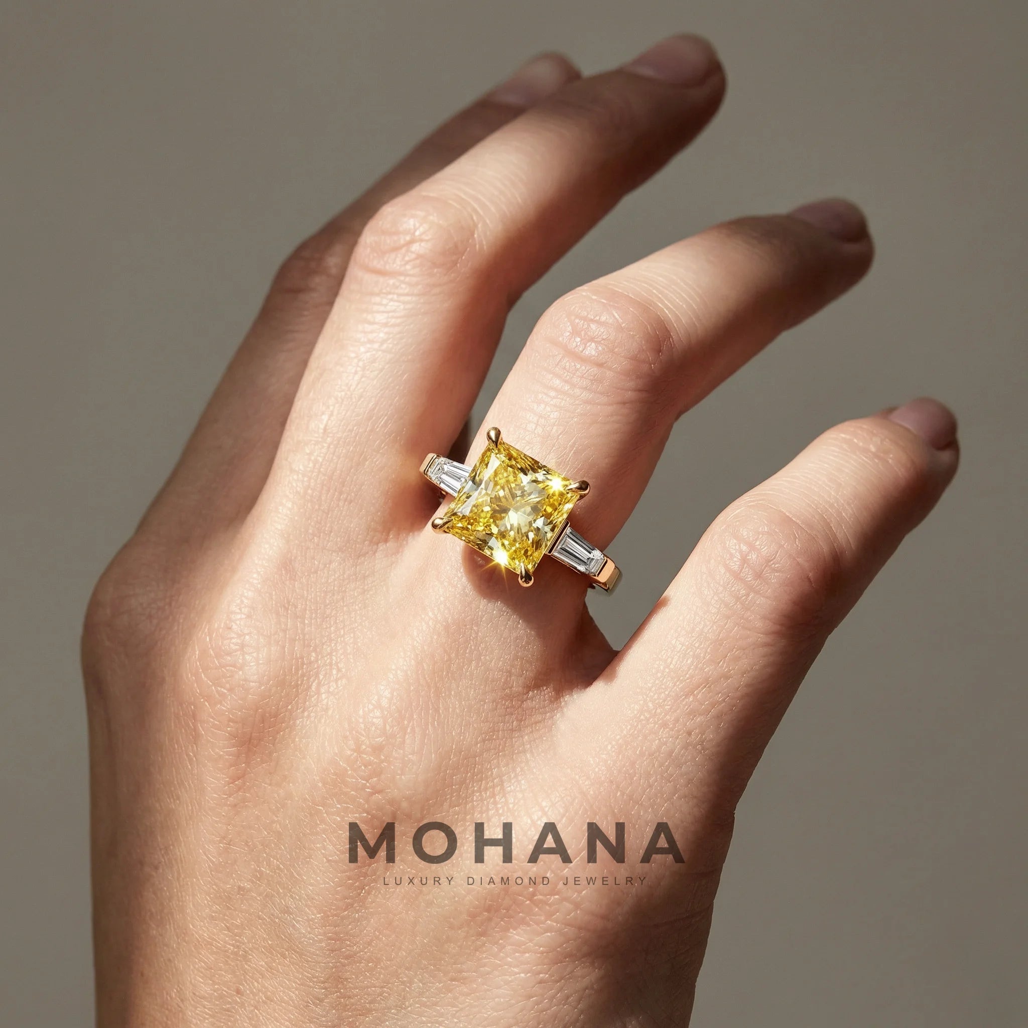 4ct Canary Yellow Princess & Tapered Baguette Three Stone Lab Diamond Ring - Alluring