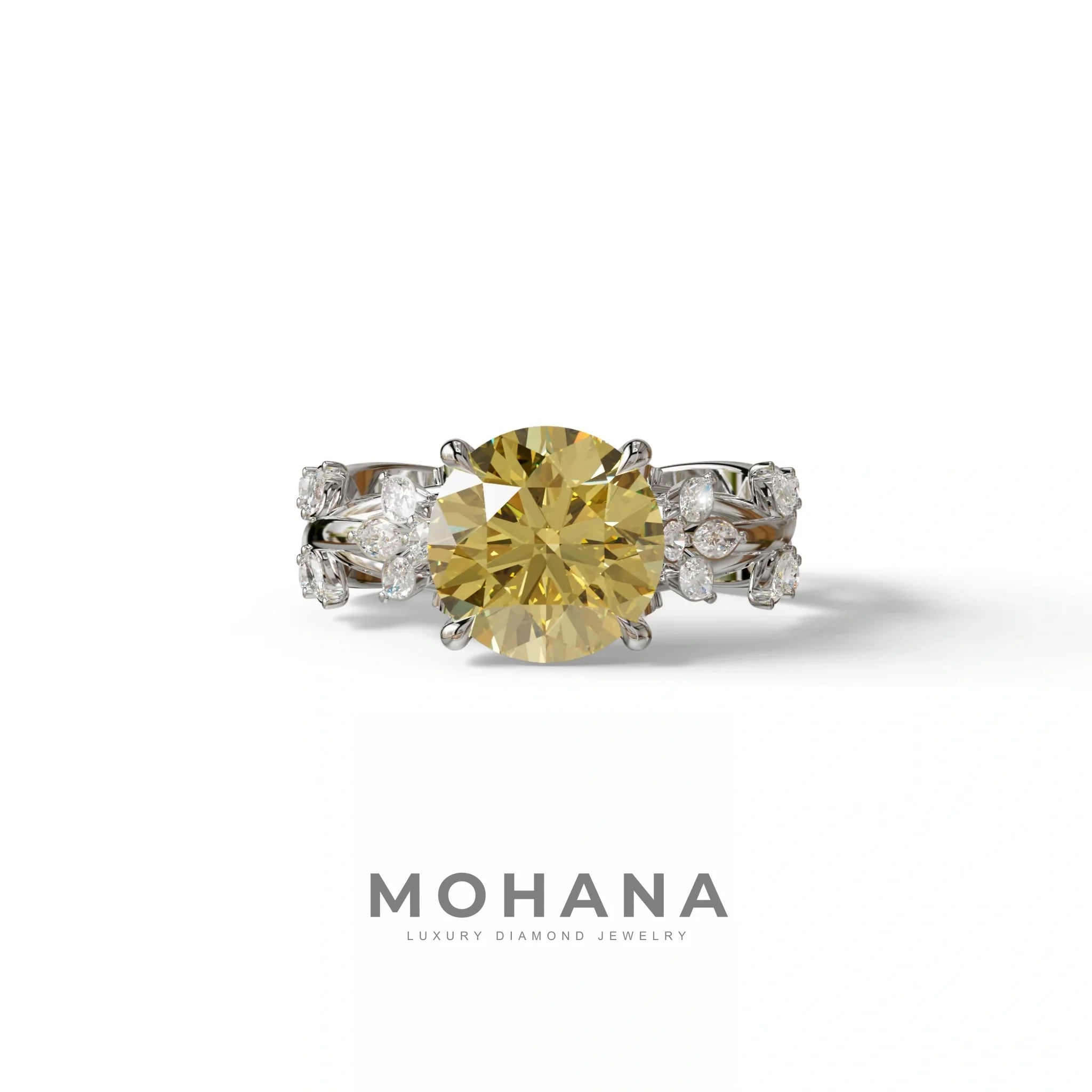Natural Inspired 4 Carat Yellow Round Cut Lab Diamond Engagement Ring - Catalina - 10K Solid Gold / White Gold
