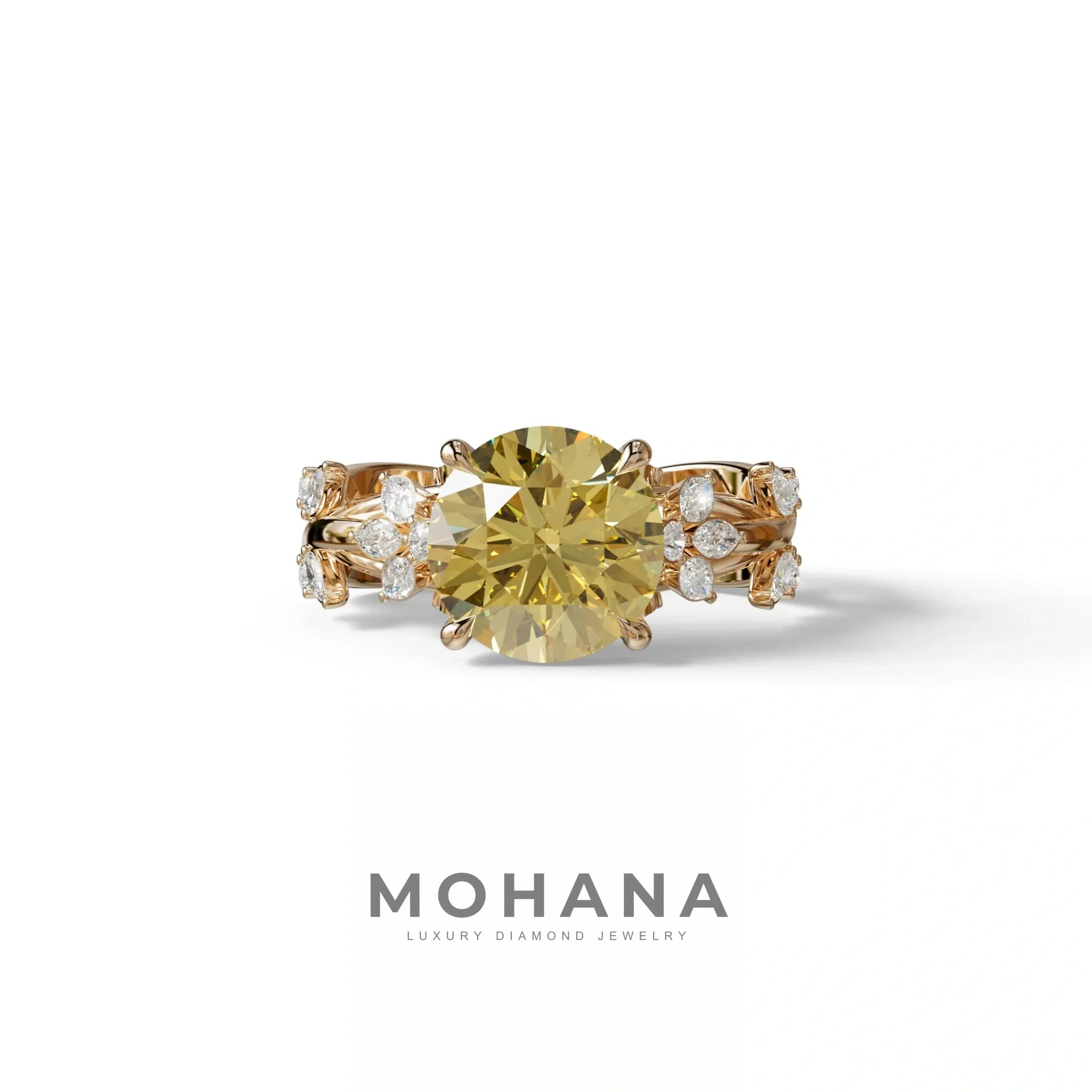 Natural Inspired 4 Carat Yellow Round Cut Lab Diamond Engagement Ring - Catalina - 10K Solid Gold / Rose Gold