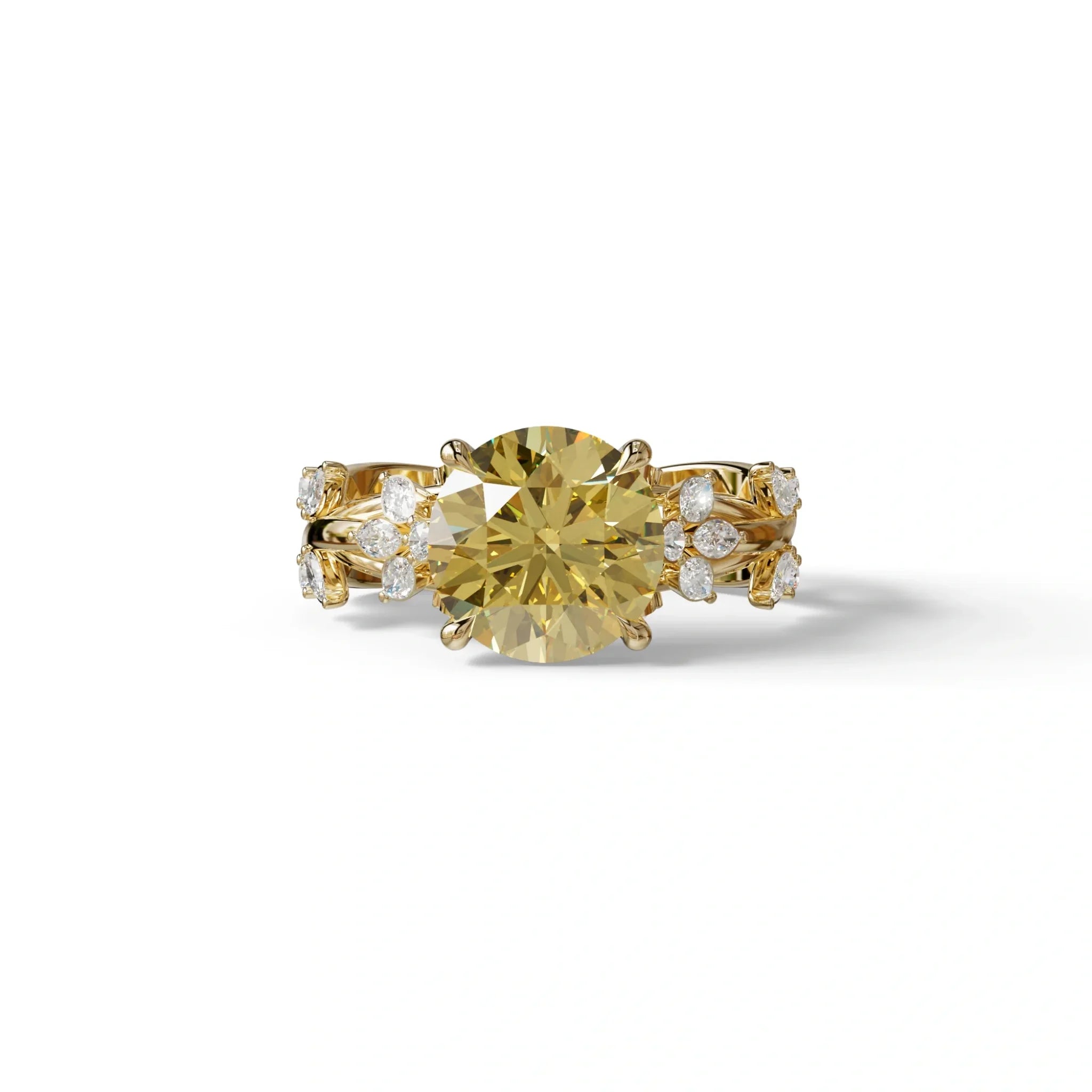 Natural Inspired 4 Carat Yellow Round Cut Lab Diamond Engagement Ring - Catalina - 10K Solid Gold / Yellow Gold