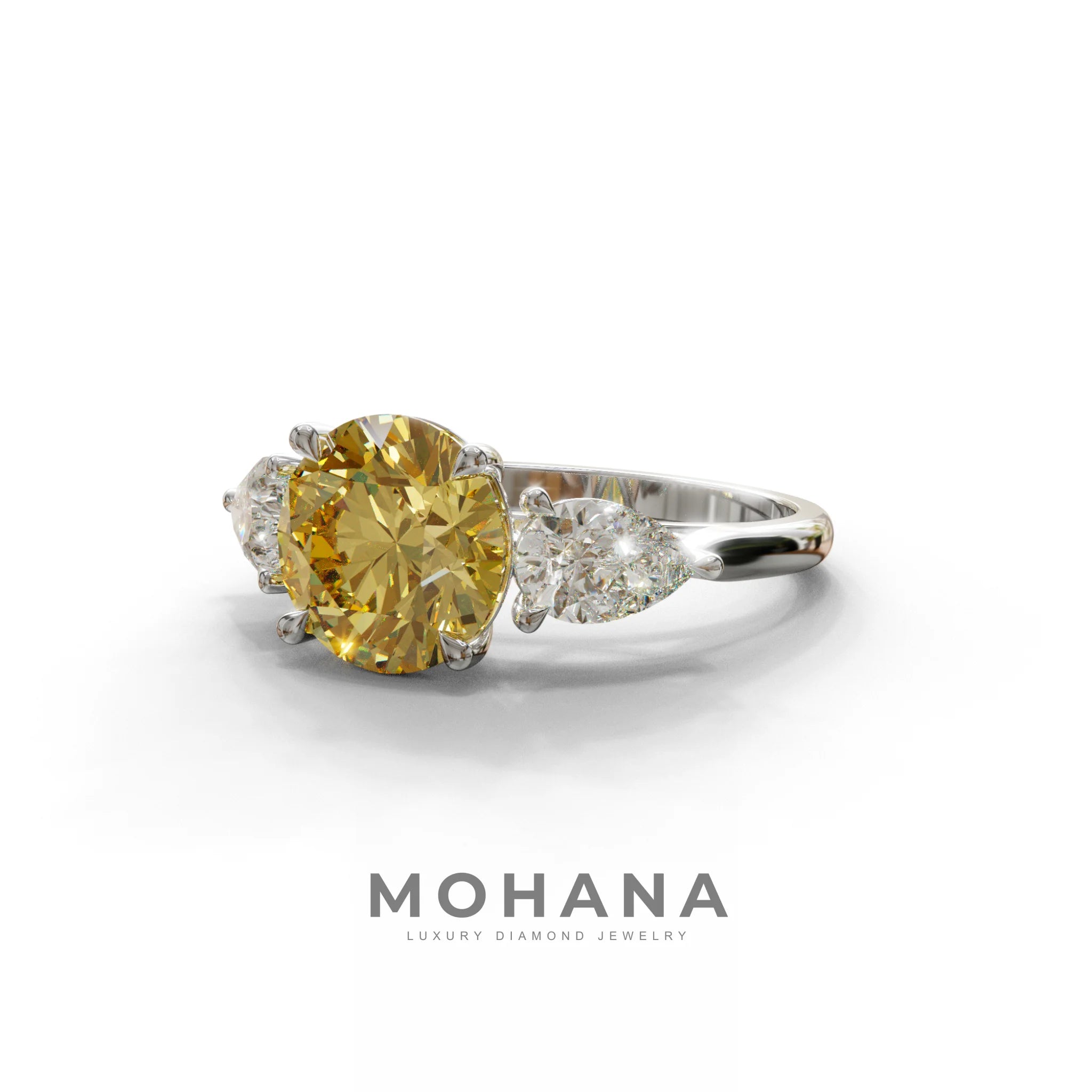4 Carat Yellow Round & Pear Cut Three Stone Lab Diamond Ring - Luminous