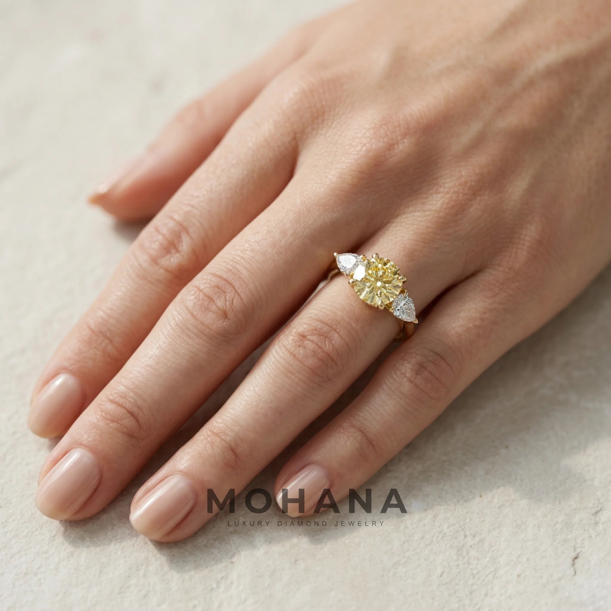 4 Carat Fancy Yellow Round & Pear Cut Lab Grown Diamond Three Stone Engagement Ring