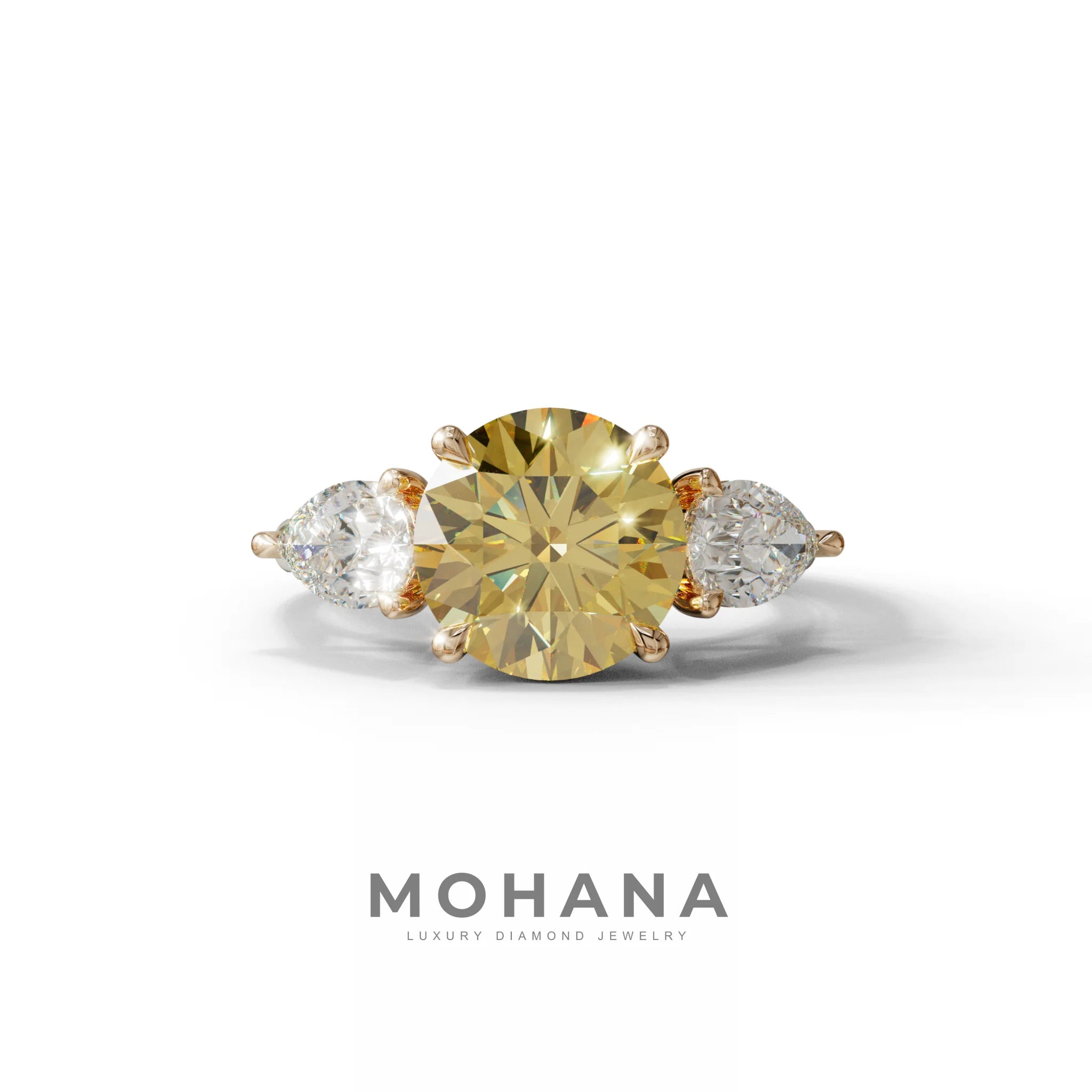 4 Carat Yellow Round & Pear Cut Three Stone Lab Diamond Ring - Luminous - 10K Solid Gold / Rose Gold