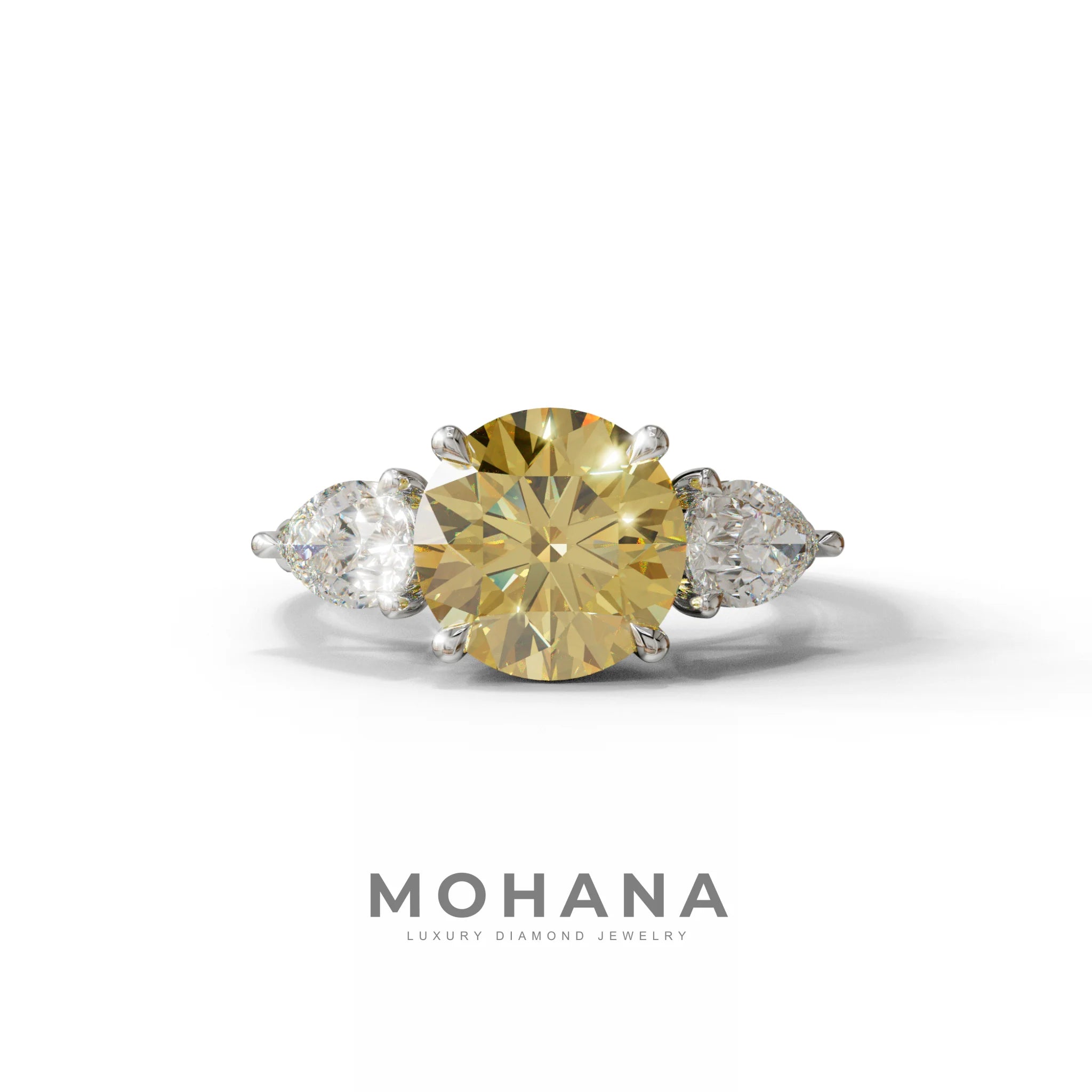 4 Carat Yellow Round & Pear Cut Three Stone Lab Diamond Ring - Luminous - 10K Solid Gold / White Gold