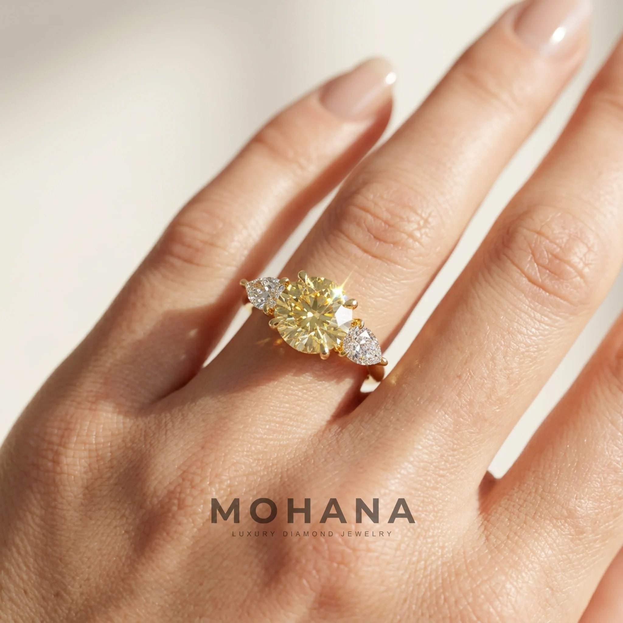 4 Carat Fancy Yellow Round & Pear Cut Lab Grown Diamond Three Stone Engagement Ring