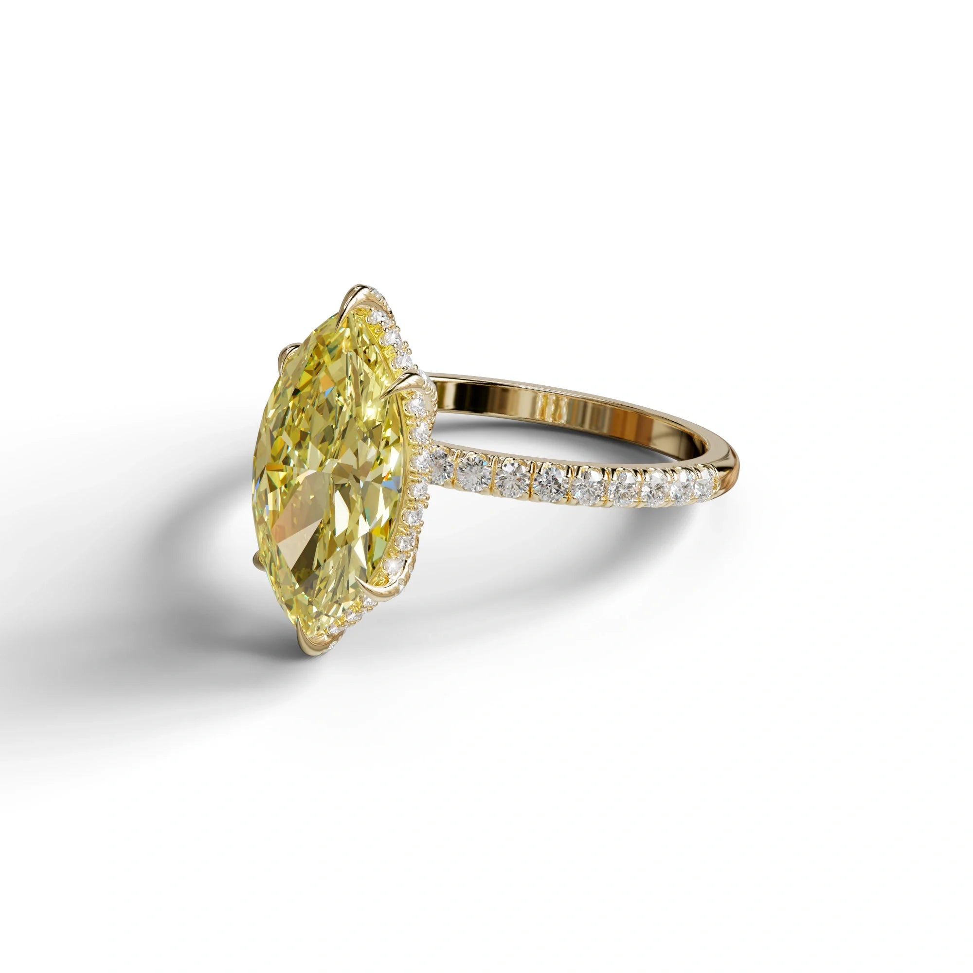 3 Carat Yellow Marquise Cut Lab Diamond In Hidden Halo & Pave Setting Ring