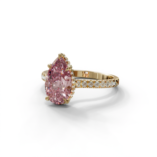 3 Carat Pink Pear Cut Hidden Halo & Pave Set Lab Diamond Ring - Eblouissant