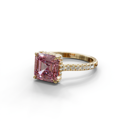 3.5 Carat Pink Asscher‑Cut Lab Diamond Engagement Ring with Halo and Pavé Accents