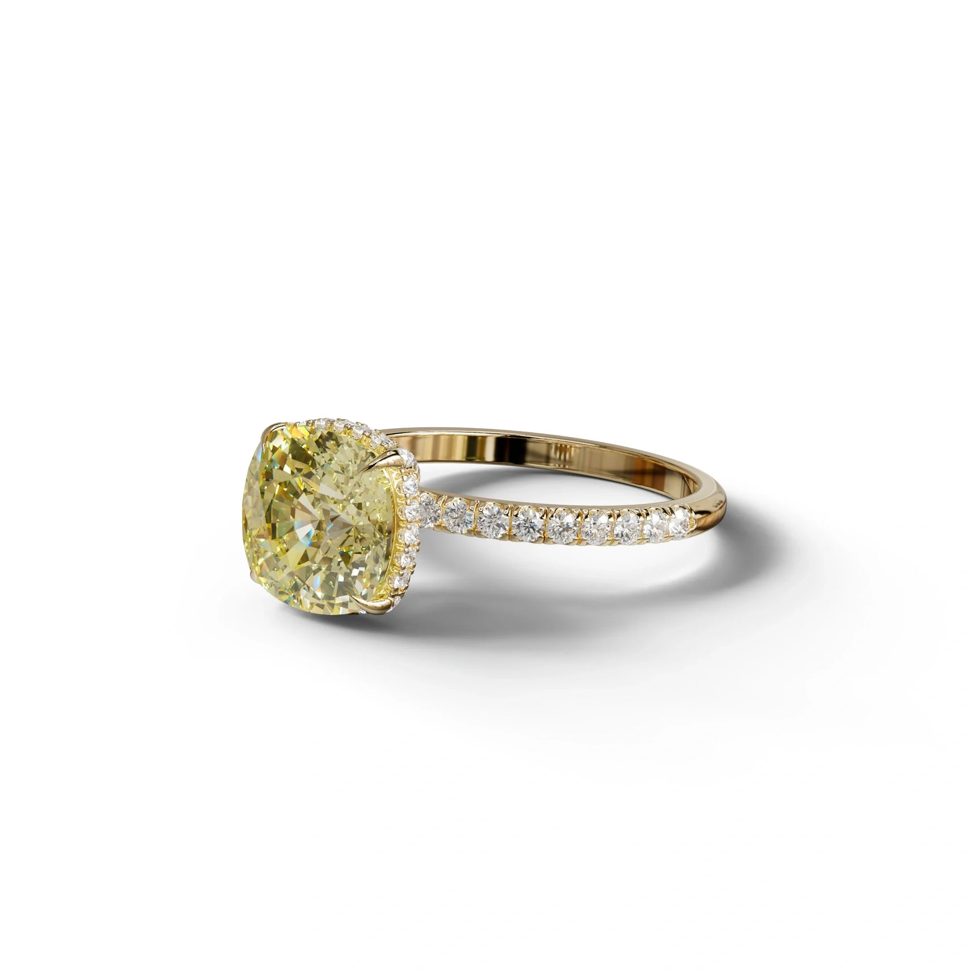 2.5 Carat Yellow Cushion Cut Hidden Halo & Pave Lab Grown Diamond Ring