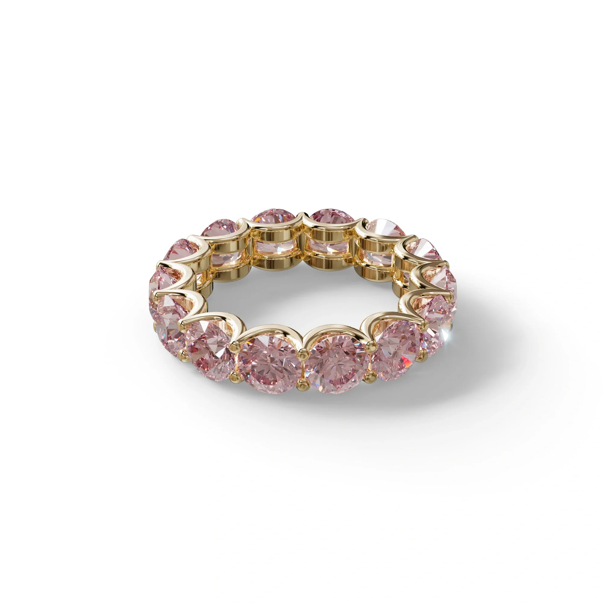 Pink Round Brilliant Diamond Full Eternity Band in 18k Yellow Gold – Scalloped U-Prong Setting