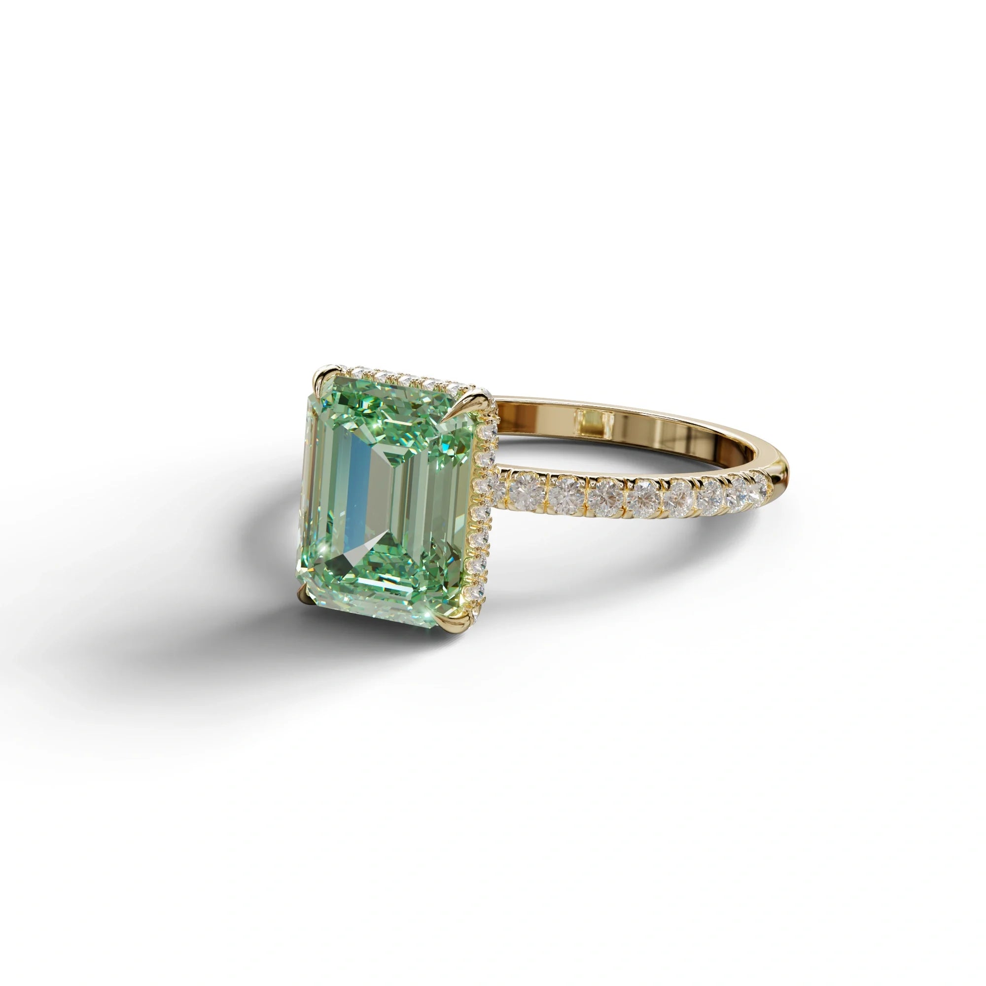 3 Carat Green Emerald Cut Lab Diamond In Hidden Halo & Pave Setting Ring