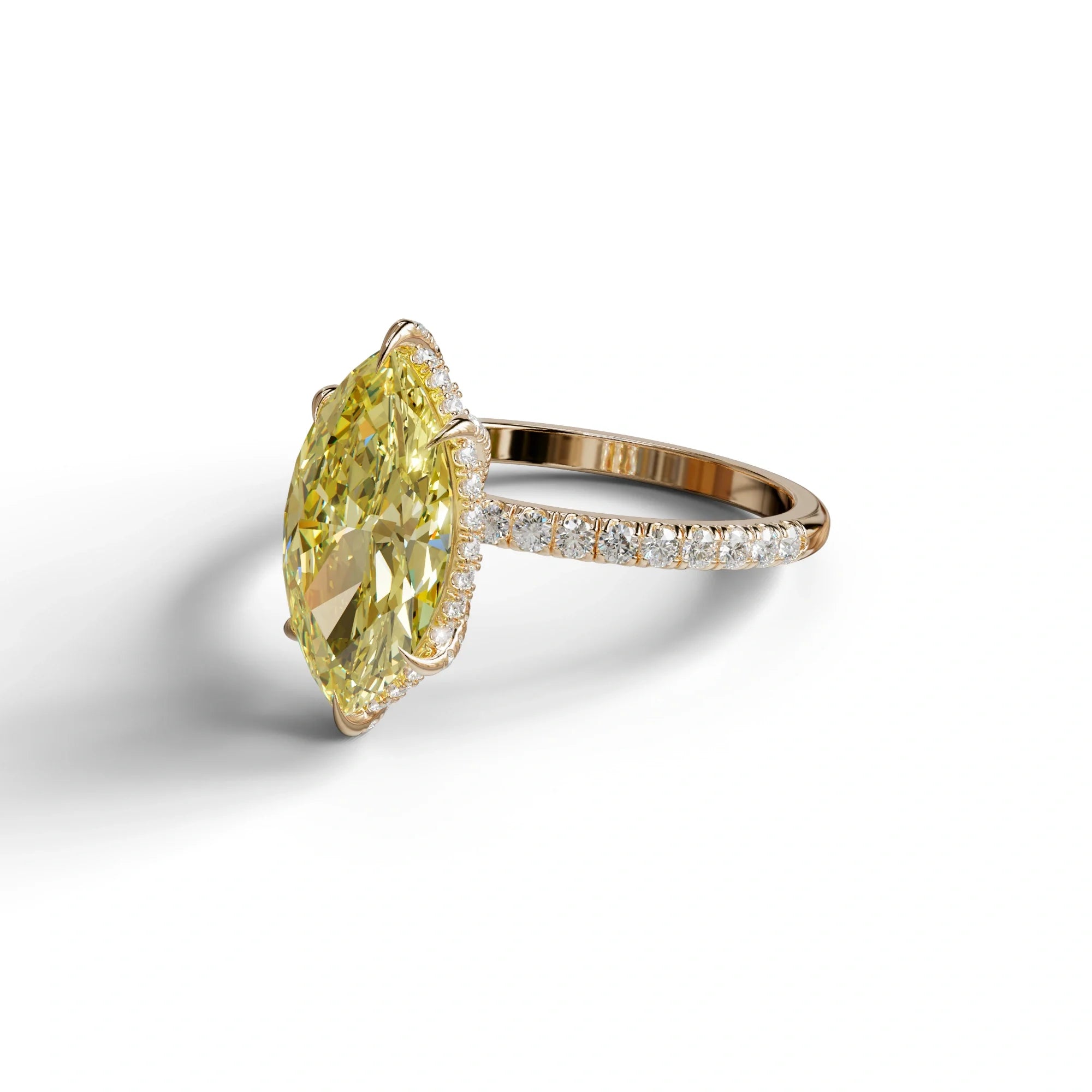 3 Carat Yellow Marquise Cut Lab Diamond In Hidden Halo & Pave Setting Ring
