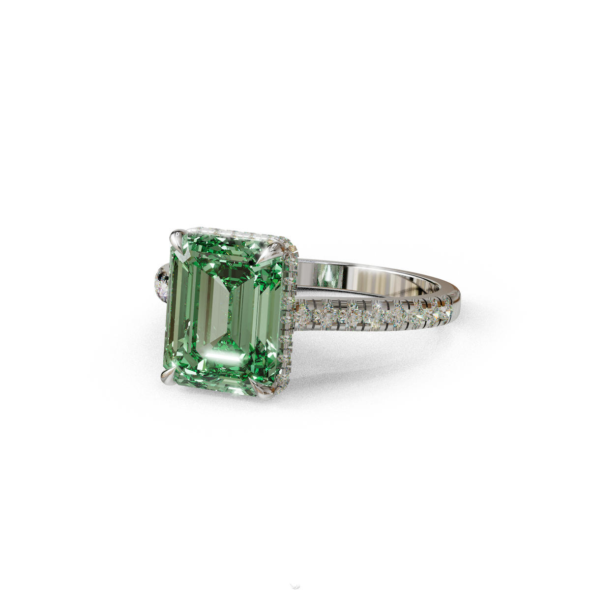 2.5 Ct Green Emerald Cut Lab Diamond In Hidden Halo & Pave Setting Ring - Siena