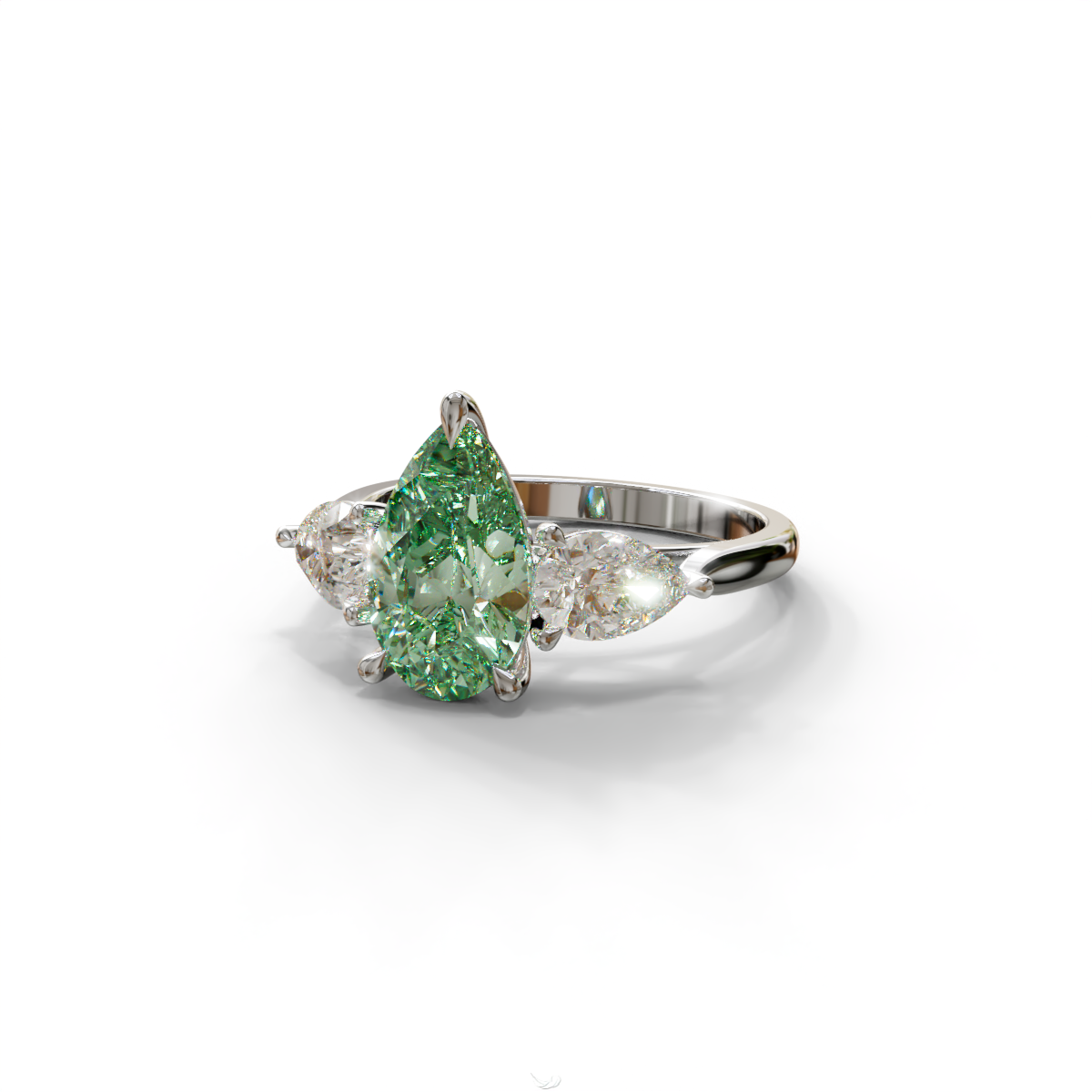 4 Carat Fancy Green Pear Cut Three Stone Lab Grown Diamond Engagement Ring