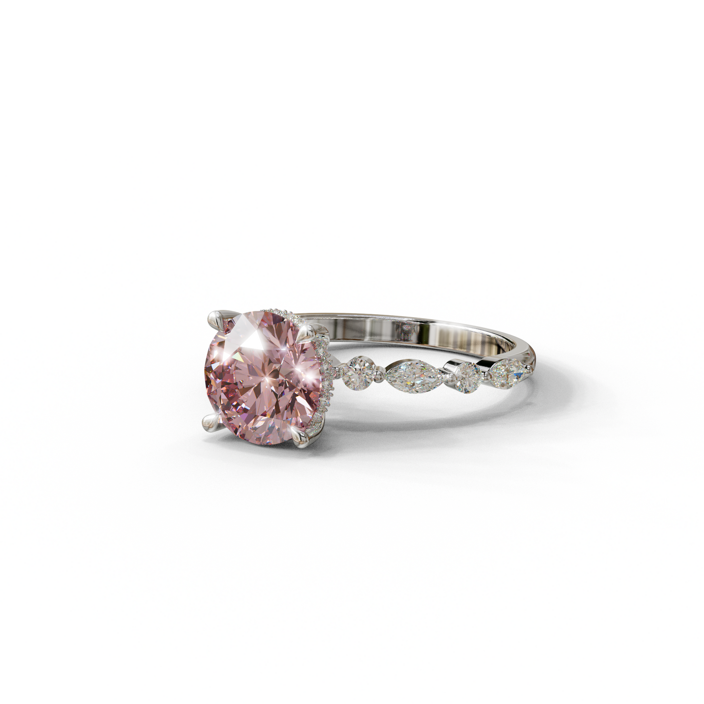 2 Carat Pink Round Cut Hidden Halo & Pave Set Lab Diamond Ring - Pure Origin