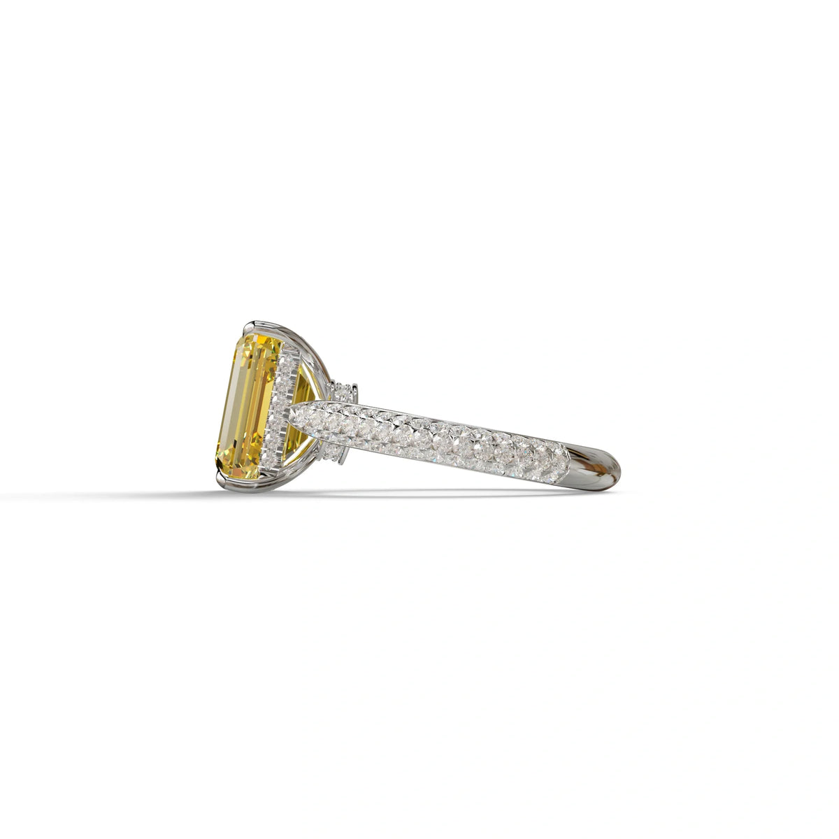 3 Carat Yellow Emerald Cut Hidden Halo & Pave Set Lab Diamond Ring - Emme