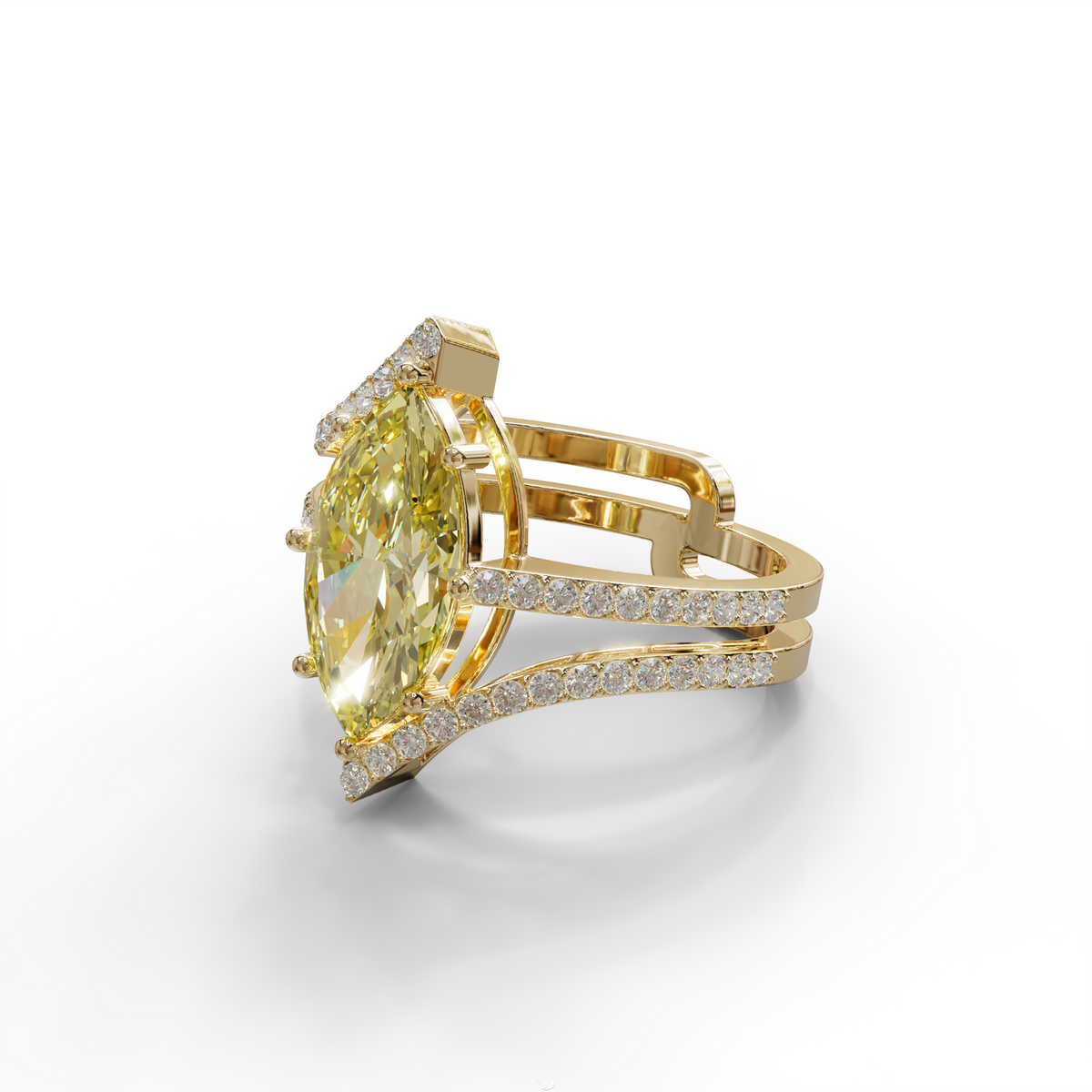 3 Carat Marquise Cut Yellow Lab Diamond Ring with Double Pave Setting