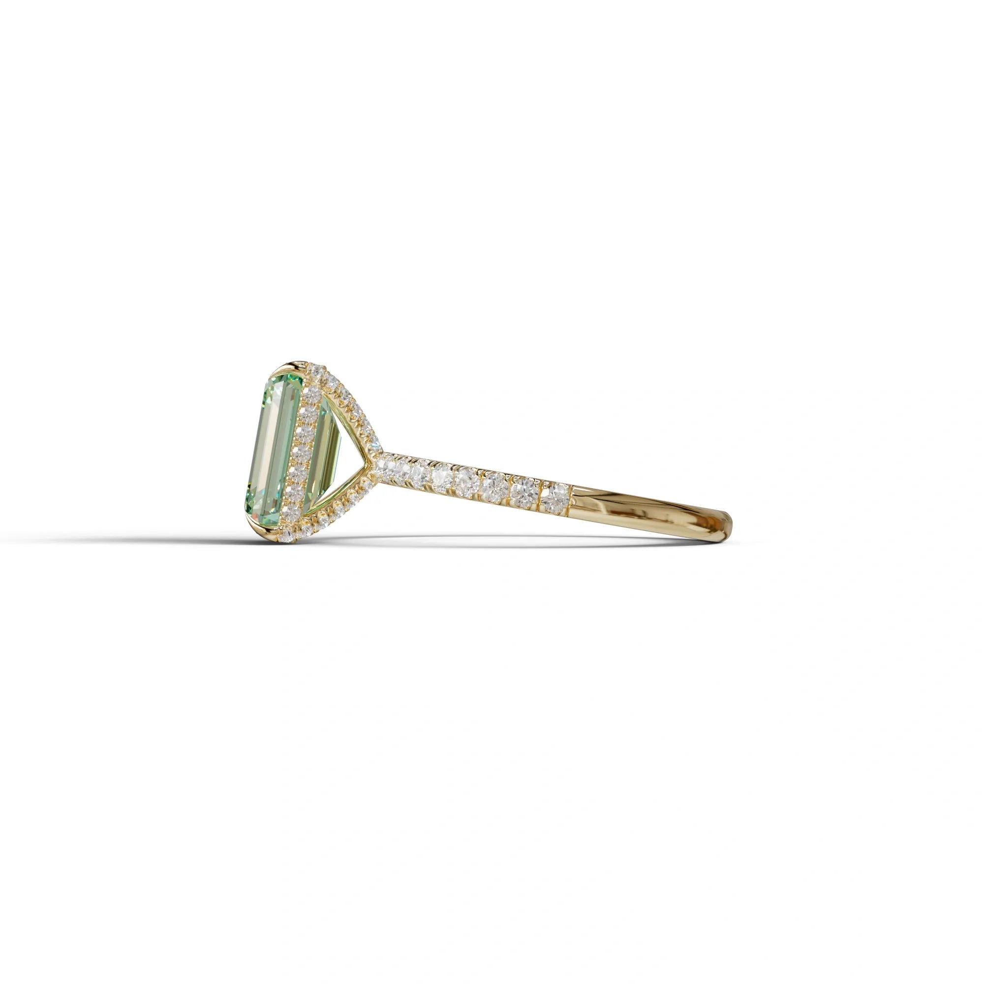 3 Carat Green Emerald Cut Lab Diamond In Hidden Halo & Pave Setting Ring
