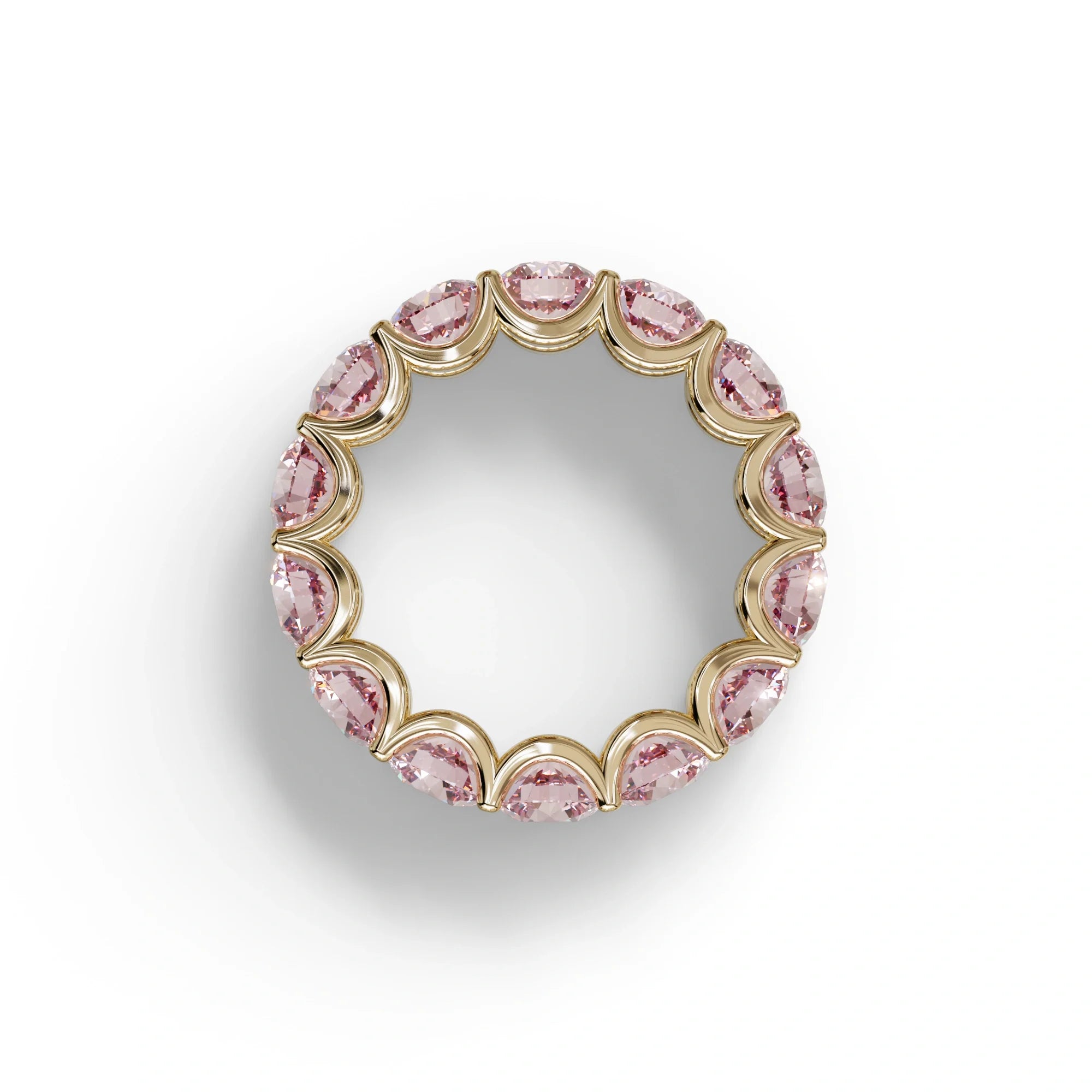 Pink Round Brilliant Diamond Full Eternity Band in 18k Yellow Gold – Scalloped U-Prong Setting