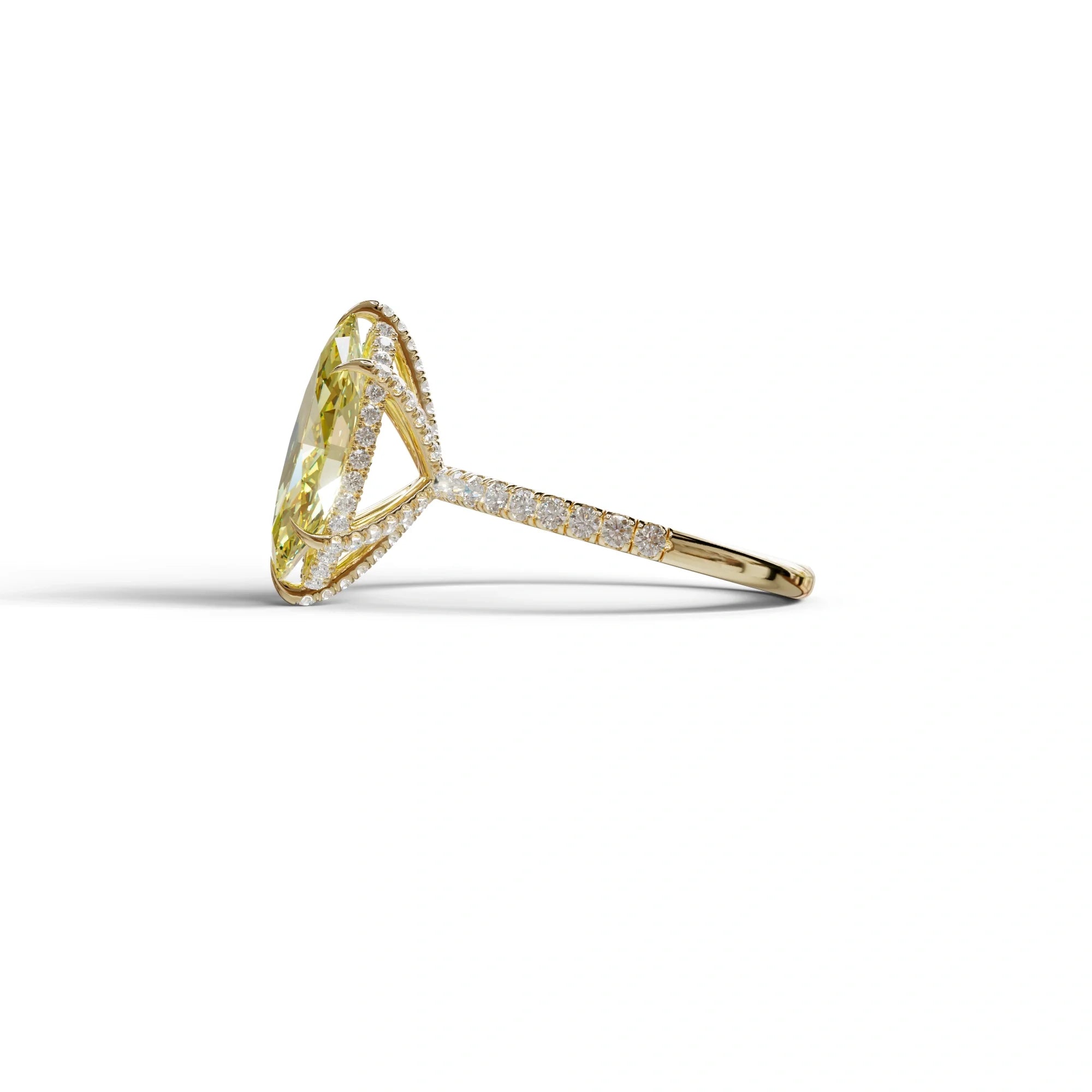 3 Carat Yellow Marquise Cut Lab Diamond In Hidden Halo & Pave Setting Ring