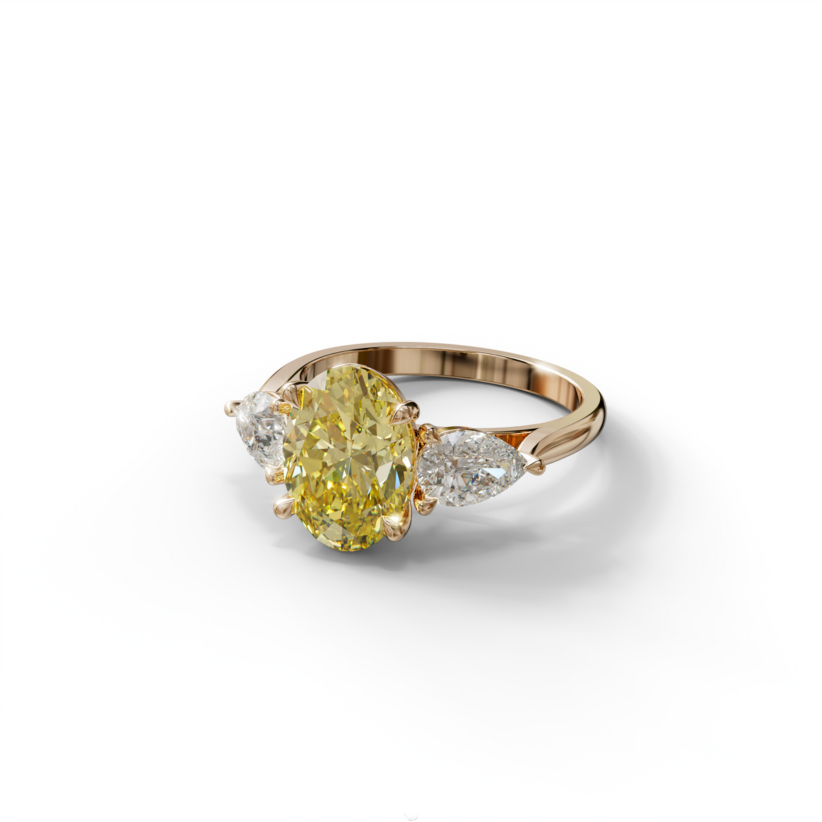 3 Carat Yellow Oval Cut Lab Grown Diamond Three Stone Engagement Ring with 0.50 Carat Pear Side Stones