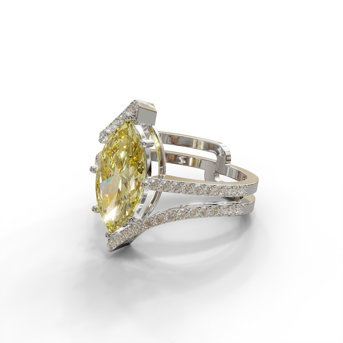 3 Carat Marquise Cut Yellow Lab Diamond Ring with Double Pave Setting
