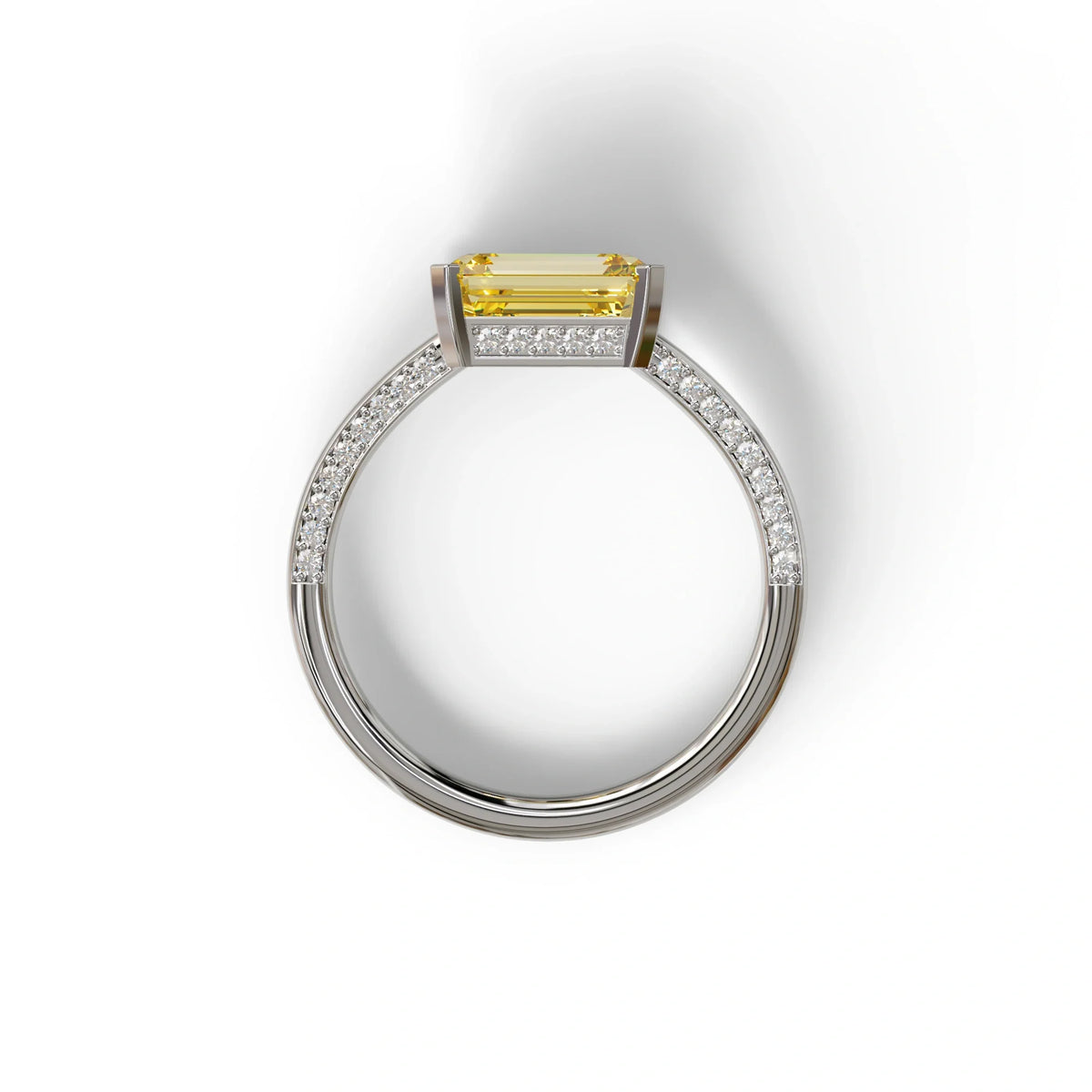 2.5 Ct Yellow Emerald Cut Lab Diamond In Pave-Chanel Setting Ring - Qiqi