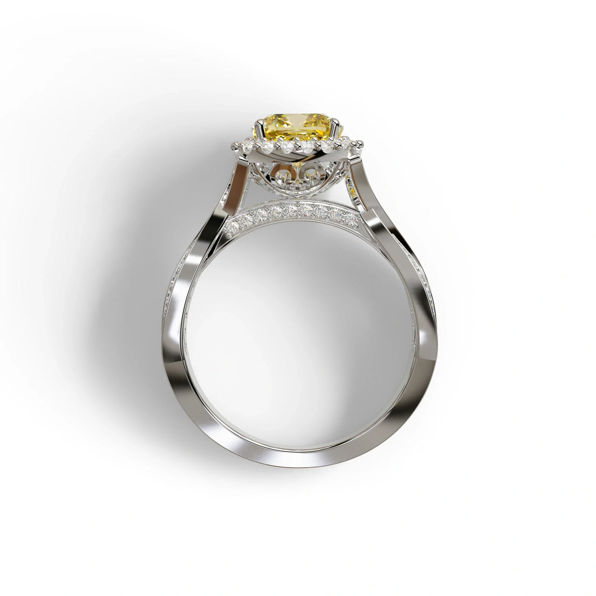 3 Carat Yellow Cushion Cut Lab Grown Halo Diamond Engagement Ring - Odessa