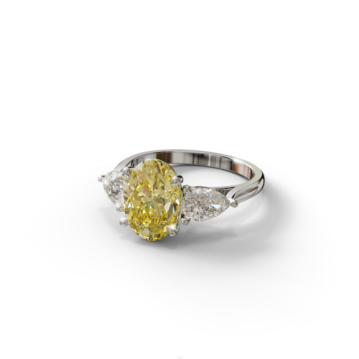3 Carat Yellow Oval Cut Lab Grown Diamond Three Stone Engagement Ring with 0.50 Carat Pear Side Stones