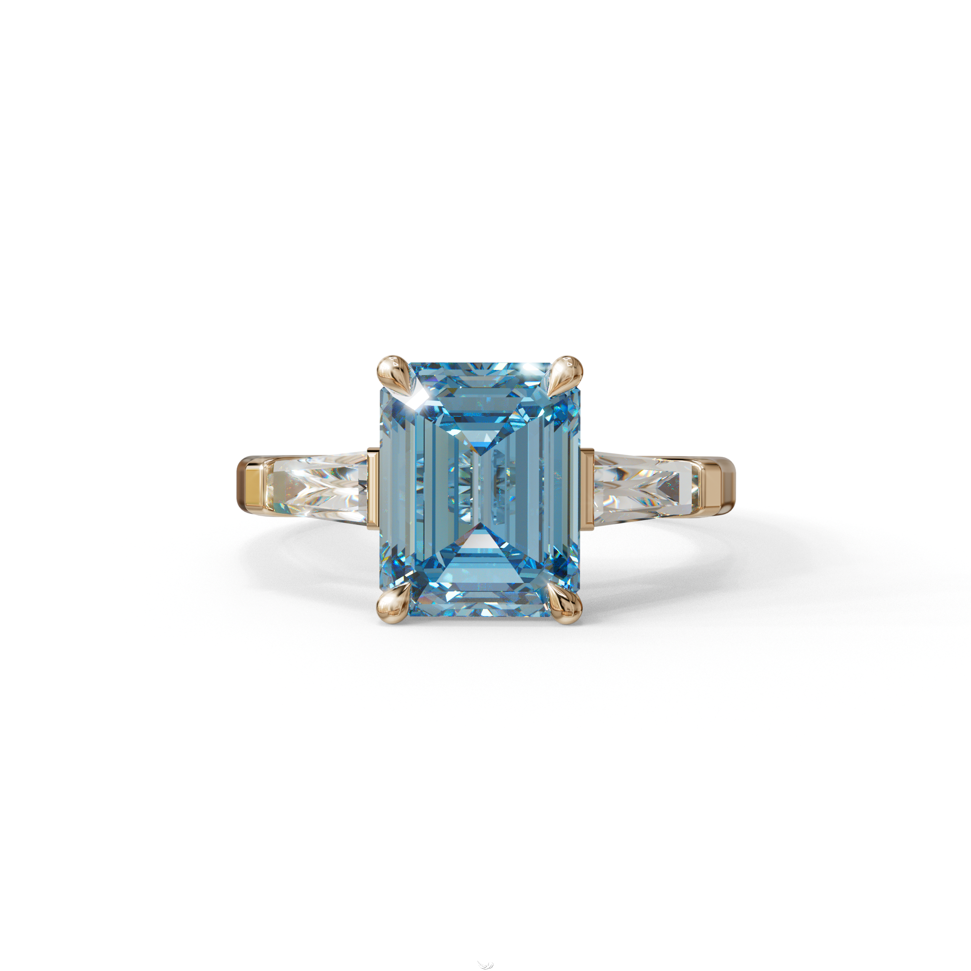 3.75ct Fancy Blue Emerald & Tapered Baguette Three Stone Lab Diamond Ring - 10K Solid Gold / Rose Gold