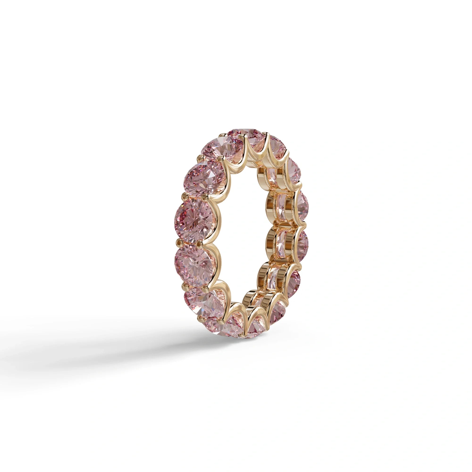 Pink Round Brilliant Diamond Full Eternity Band in 18k Yellow Gold – Scalloped U-Prong Setting