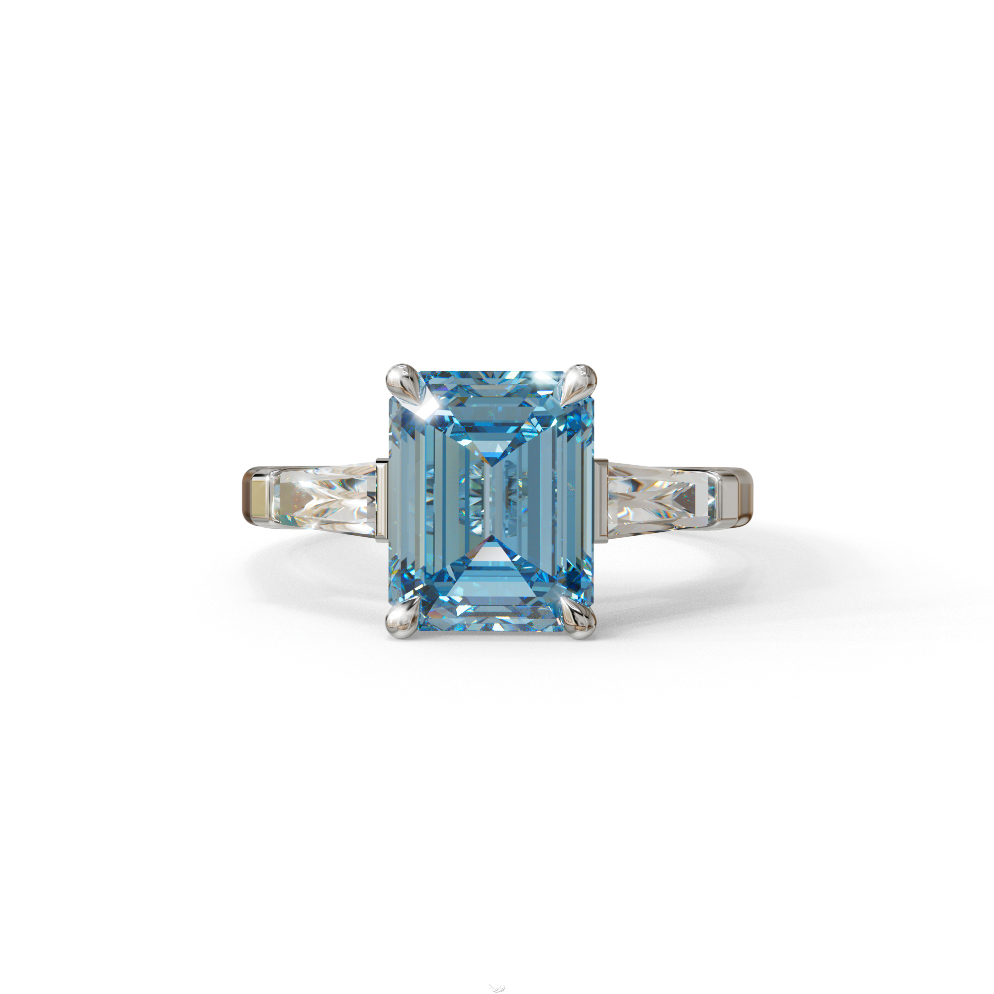 3.75ct Fancy Blue Emerald & Tapered Baguette Three Stone Lab Diamond Ring - 10K Solid Gold / White Gold