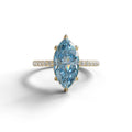 3 Carat Blue Marquise Cut Lab Diamond In Hidden Halo & Pave Setting Ring - 10K Solid Gold / Yellow Gold